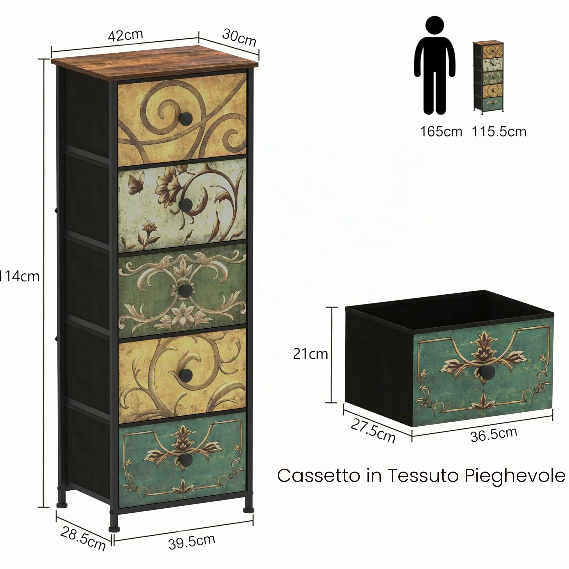 VEDECASA Cassettiera con 5 cassetti in tessuto alto e stretto, armadio da toeletta bohémien, armadio per camera da letto, armadio industriale per soggiorno, camera dei bambini, corridoio