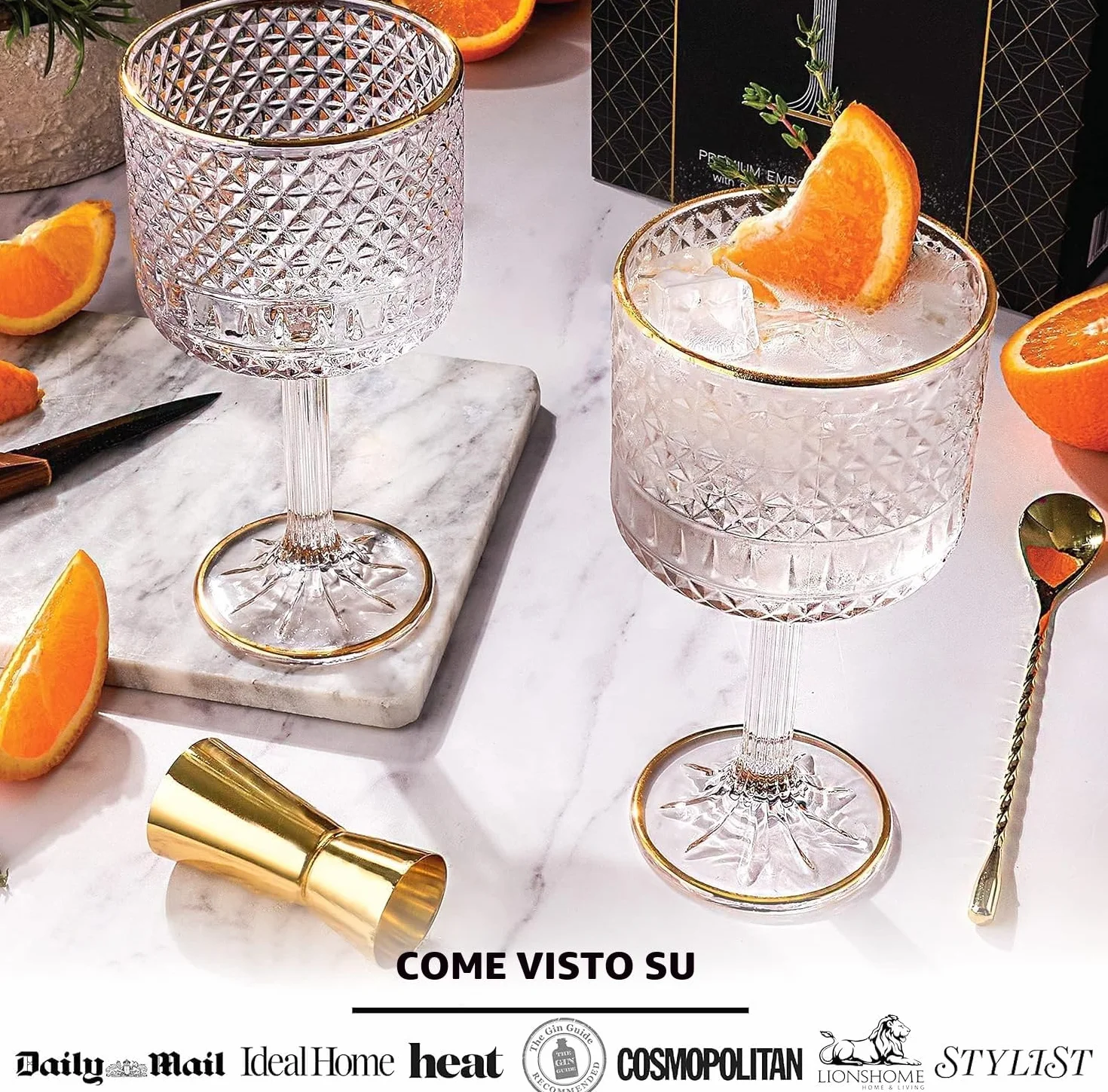 Set Bicchieri Gin Tonic di Lusso 450ml con Decorazioni Dorate, 3 Bordi Oro, Cucchiaio Bar e Misurino Kit Regalo
