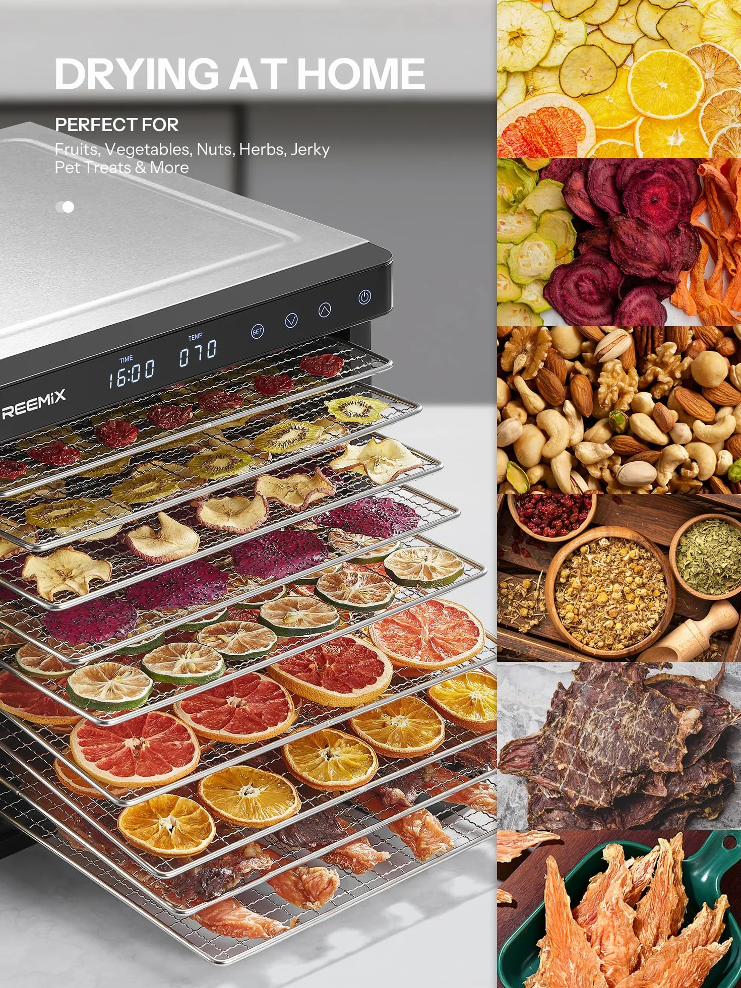 Essiccatore per alimenti in acciaio inox 1000W, controllo digitale, 9 vassoi, superficie 0,8 m², temperatura 30–75°C, timer 30 min–48h, display LCD touch