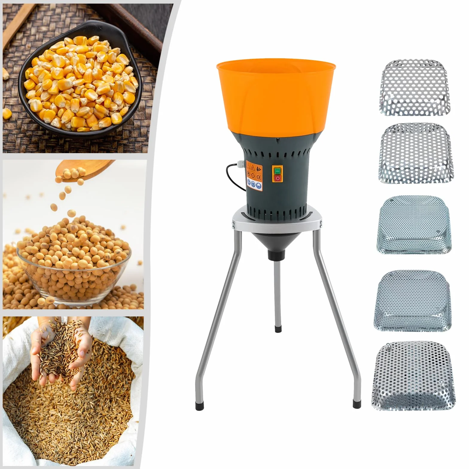 Macinino elettrico per cereali 19000RPM 220V con 5 setacci Macinino professionale per cereali secchi come frumento, mais, orzo Ideale per uso domestico e fattoria per la preparazione di mangime per