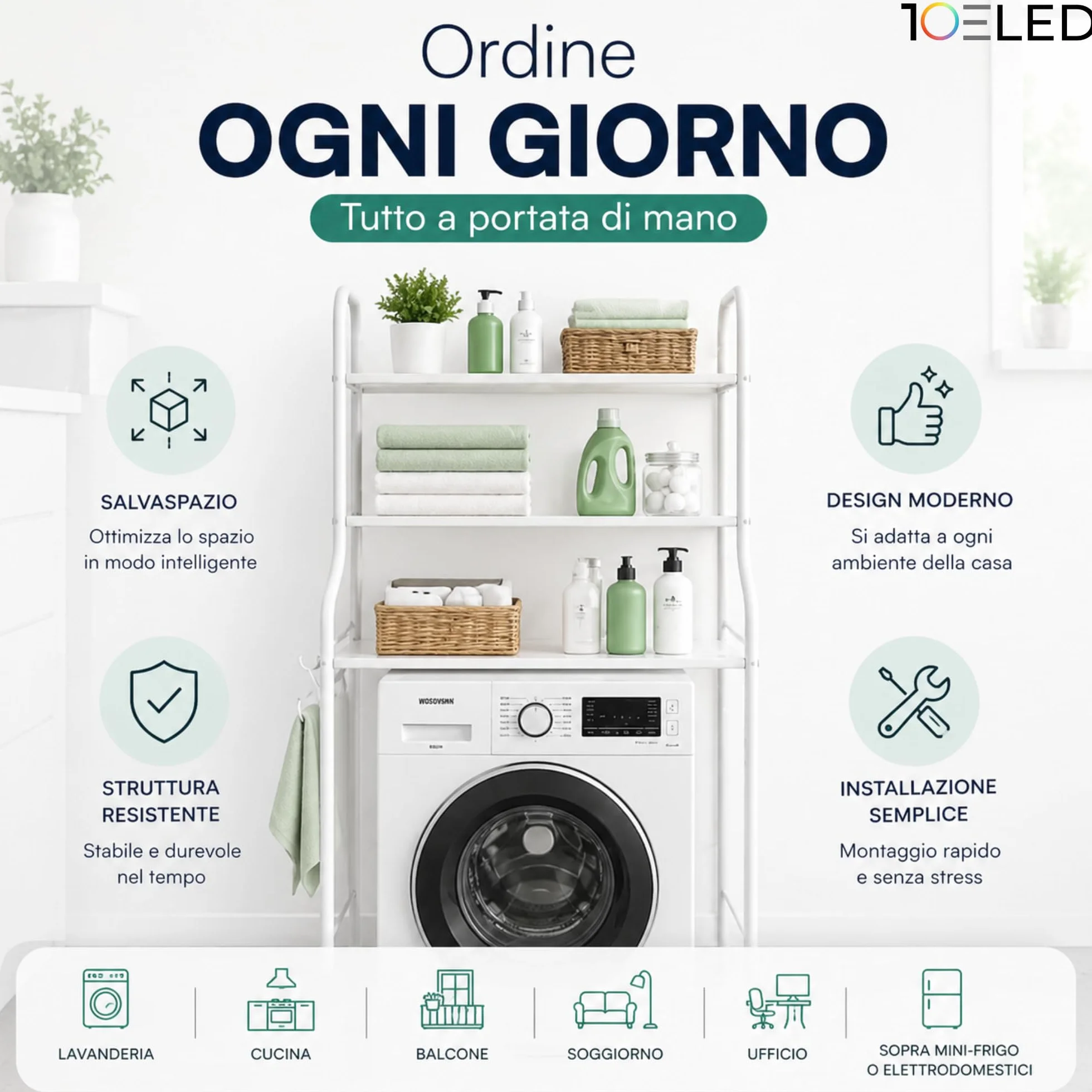 Stabile Mobile Lavatrice Salvaspazio 3 Ripiani Scaffale Organizer Bagno Lavanderia Acciaio con Ganci Laterali Piedini Regolabili