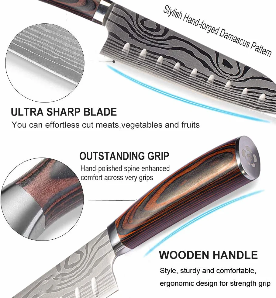 Coltello Cucina Santoku, Coltelli da Cucina Professionali Giapponesi 7 " - Affilatissimo - Resistente Macchie e alla Corrosione - Impugnatura Ergonomica, Ideale per Cucina Domestica e il Ristorante