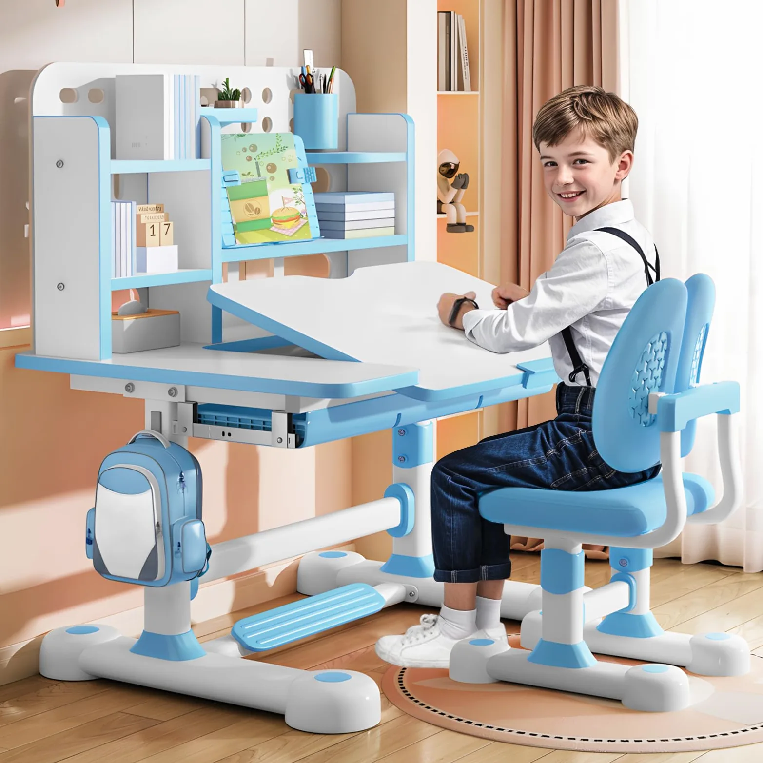 ohfruit Set di tavolo e sedia per bambini, altezza regolabile, scrivania per bambini con scrivania inclinabile e grande lavagnetta, tavolo da lettura per camera da letto per ragazzi e ragazze