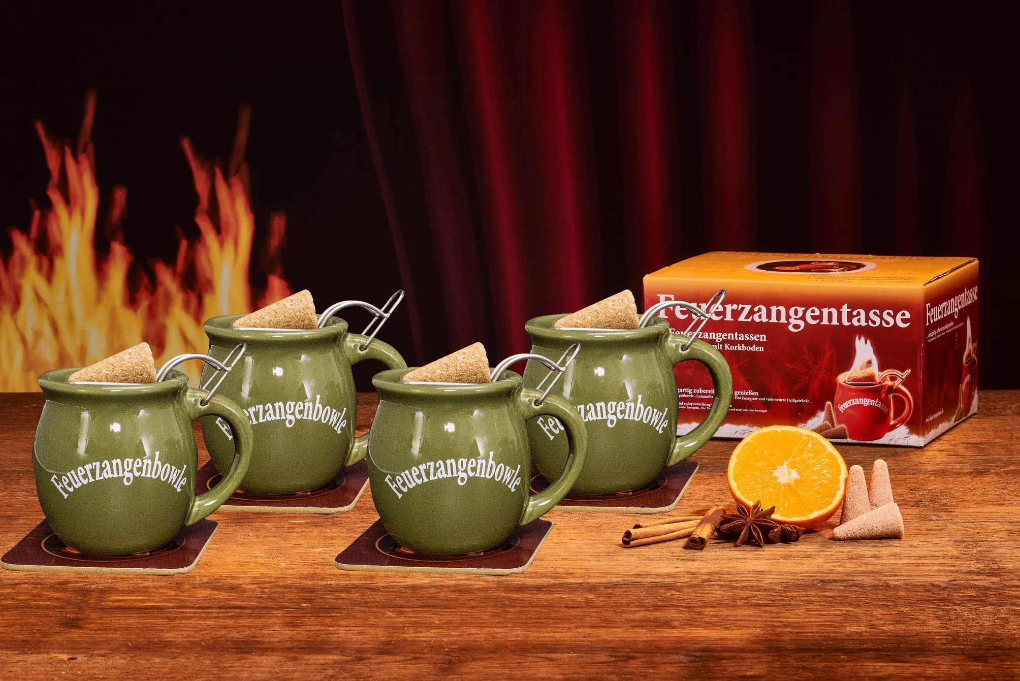 Set di 4 tazze Feuerzange con rum 100 ml e coni zucchero cannella 20 pezzi per Feuerzangenbowle