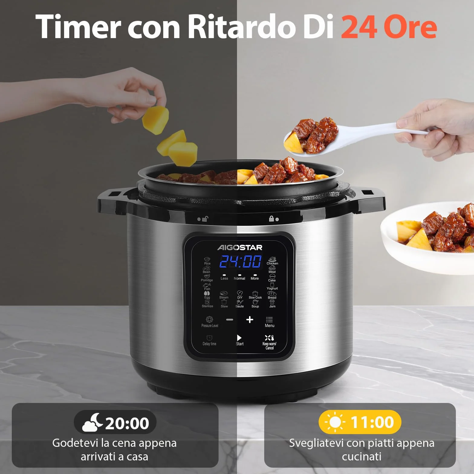 Aigostar Pentola a Pressione Elettrica 6L 1000W, 18 Programmi, 3 Livelli Pressione, Timer 24H, Mantieni Caldo, Display LED