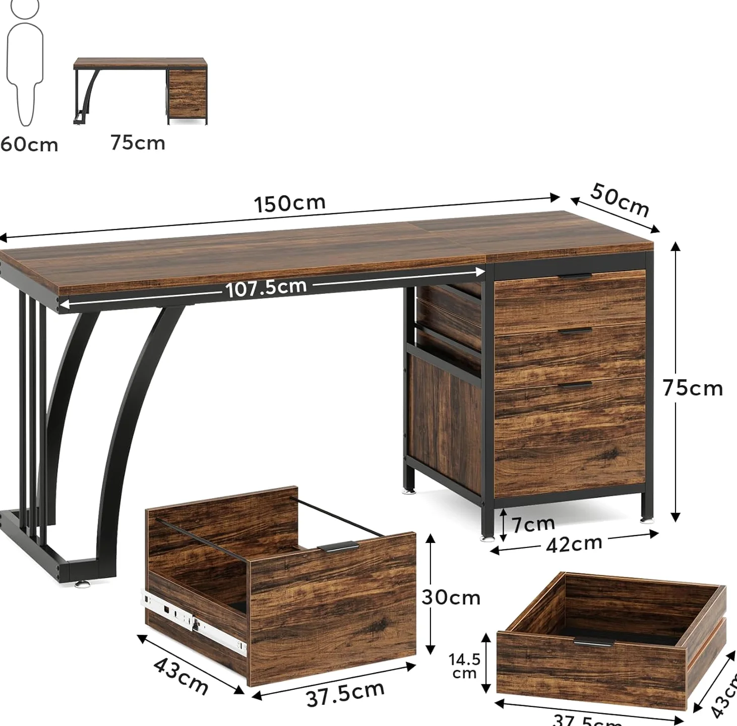 Lailang 150cm Scrivania Computer con 3 Cassetti, Scrittoio Vintage, Scrivania da Studio, Mobili Ufficio Moderni, Scrivania Gaming Marrone, Scrivania Lunga, 150 x 50 x 75 cm, Marrone Rustico