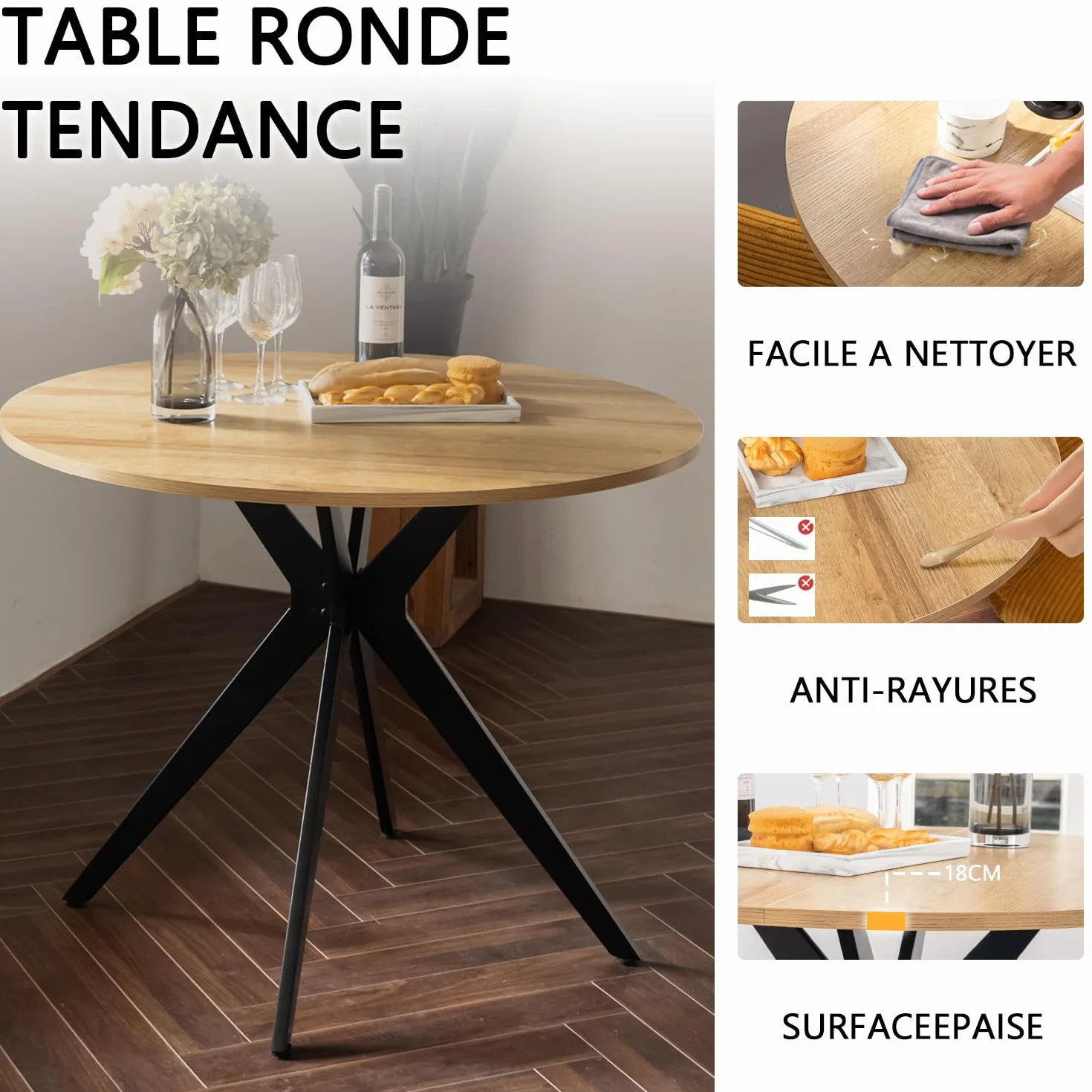 Tavolo da conferenza rotondo in rovere e nero, robusto, in legno e metallo, design compatto e professionale, ideale per riunioni di squadra in ufficio e progetti 100 x 100 x 75 cm