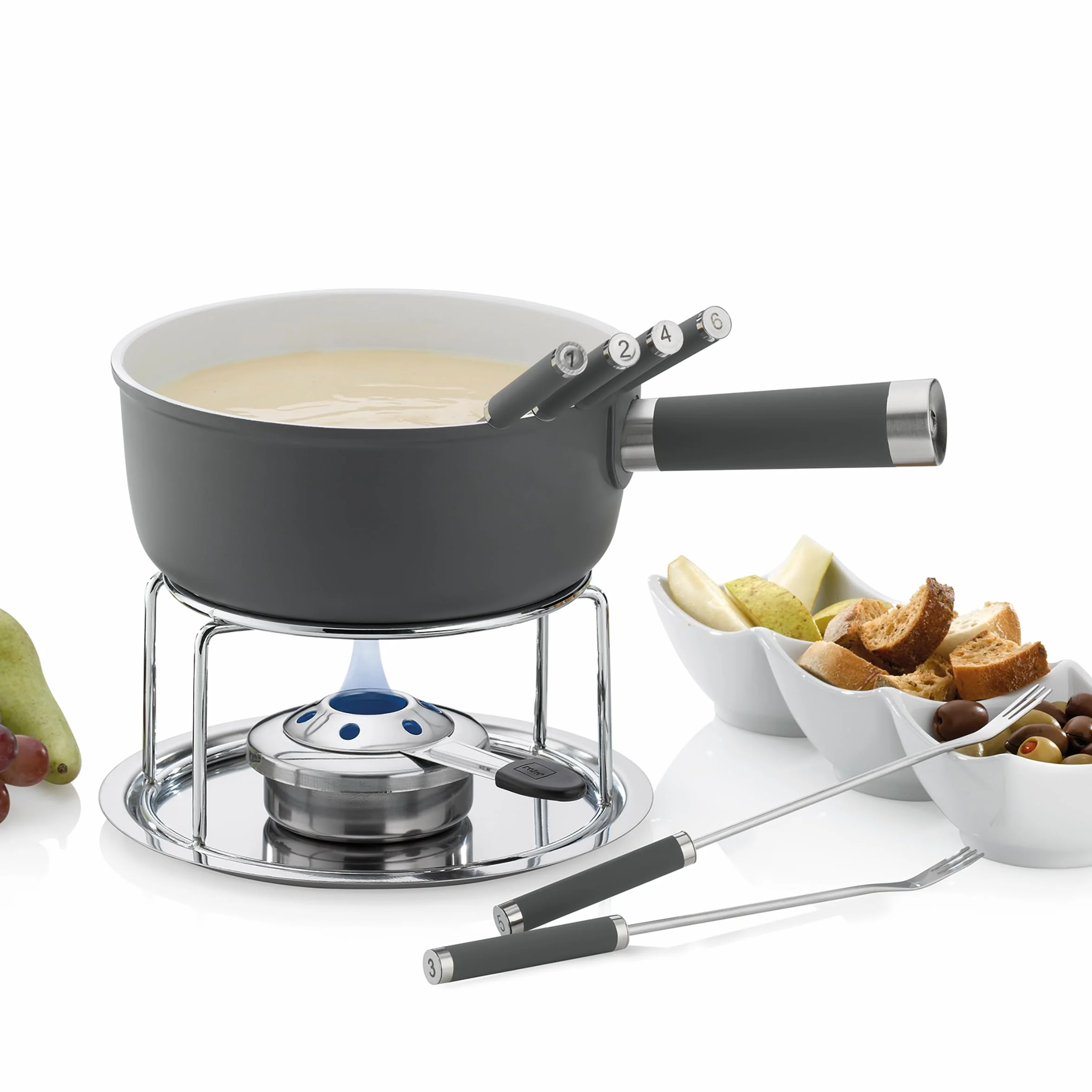 kela Set per fonduta di Formaggio 10 Pezzi, fonduta in Alluminio pressofuso per 6 Persone LANCY, Rivestimento in Ceramica, con Supporto per bruciatore, forchette per fonduta, portaforchette