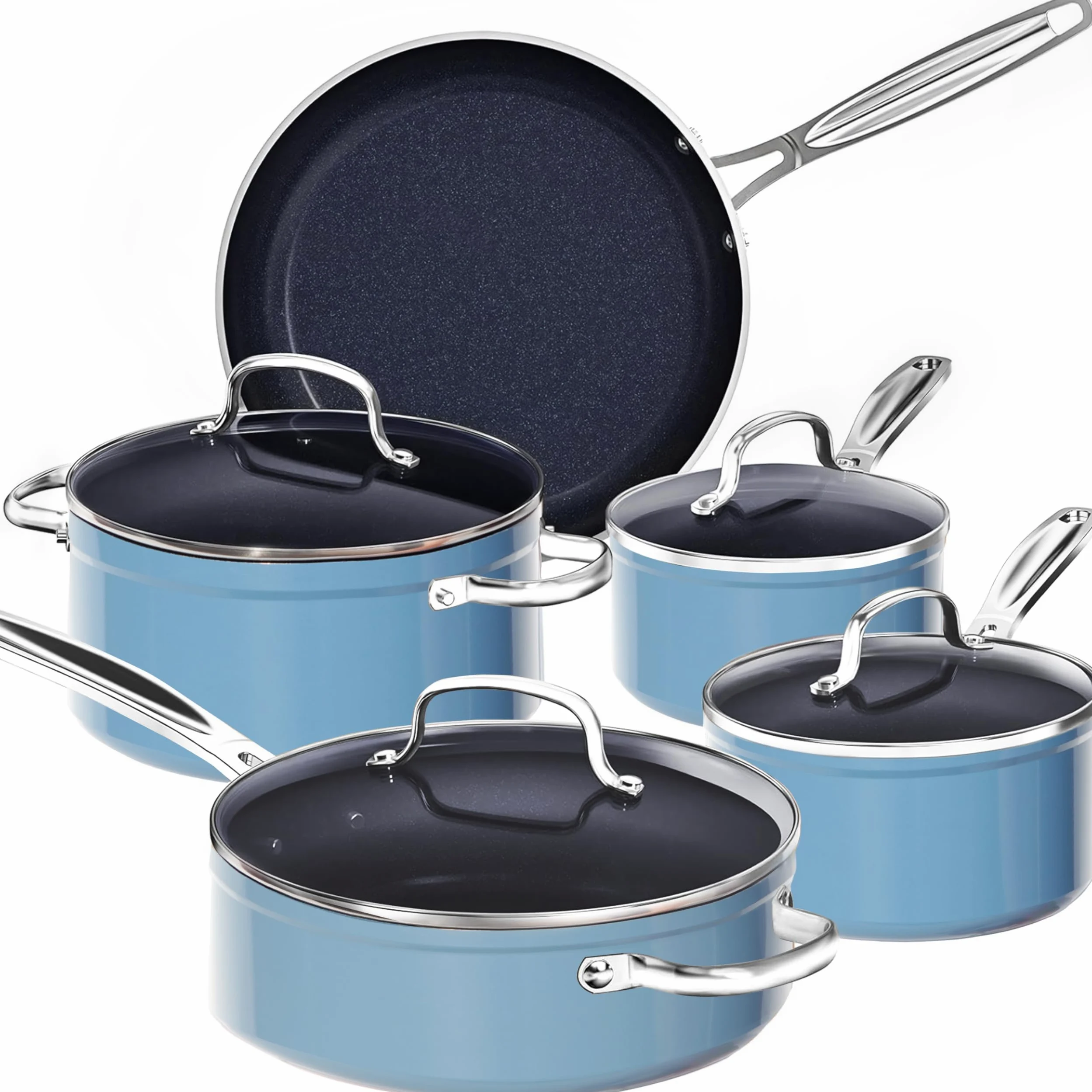 Nuwave Healthy Duralon - Set di pentole in ceramica blu con rivestimento antiaderente, infuso di diamante, resistente ai graffi, senza PFAS, adatto al forno, pronto ad induzione e riscaldamento