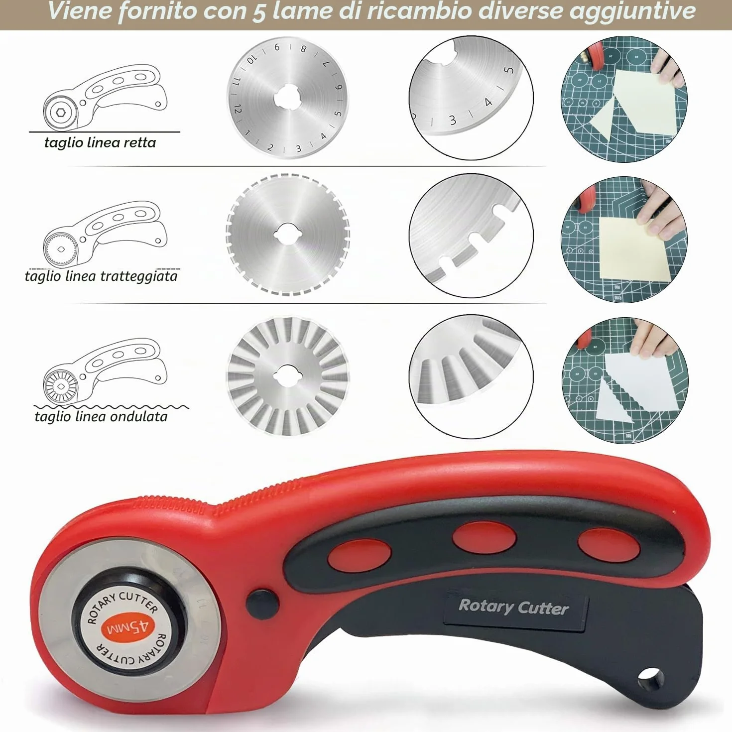 Rotary Cutter 45mm 5 Lame Sostituibili Taglierina Rotante per Tessuti Quilting Cucire