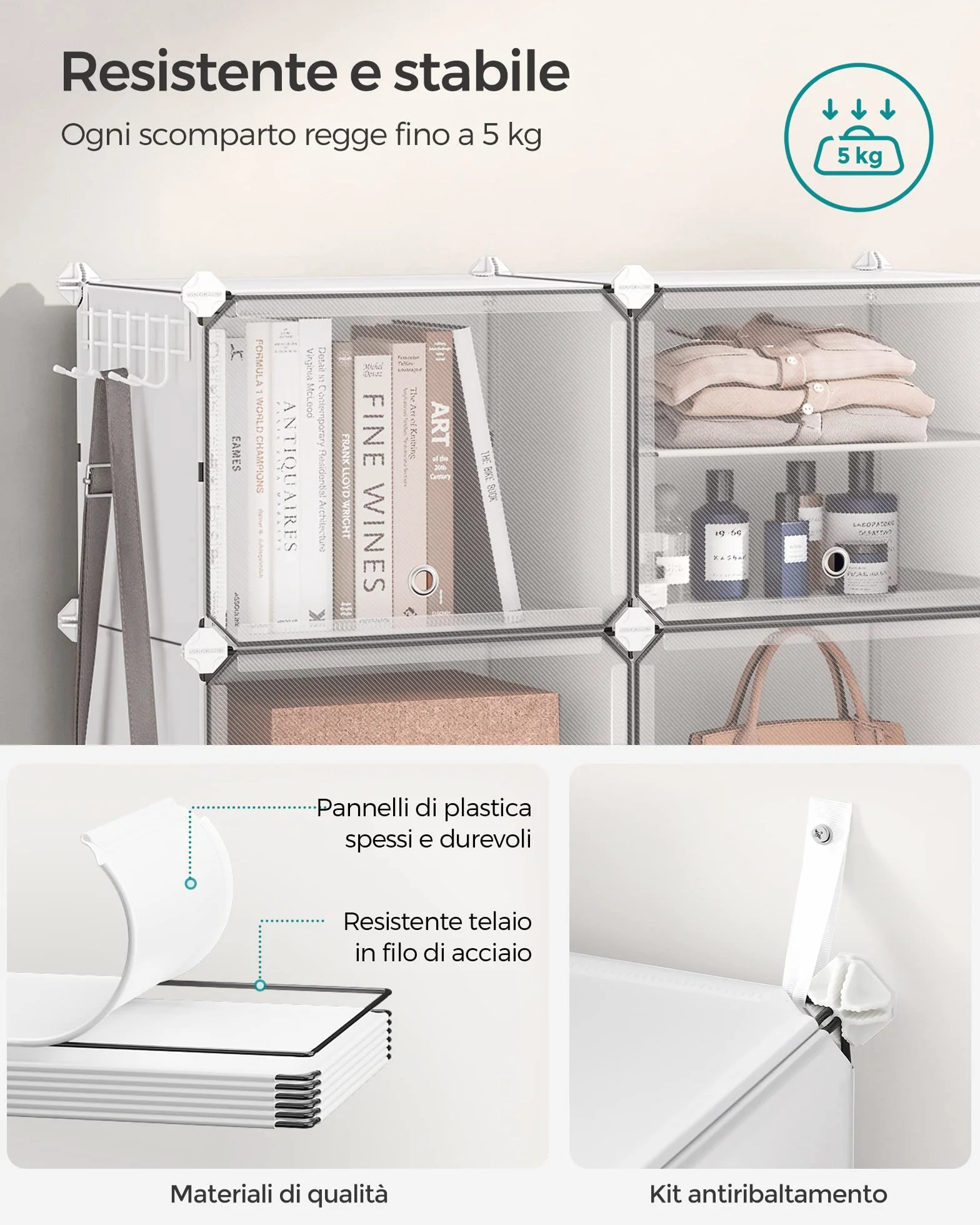 SONGMICS Scarpiera Modulare 10 Scomparti 40 Paia Scarpe con Sportelli Telaio Acciaio Bianco Trasparente LPC035W01