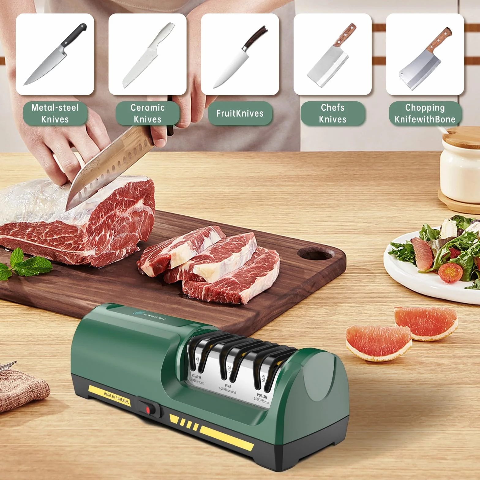 Affilacoltelli elettrico con disco abrasivo diamantato a 3 stadi e guida angolare 15° per coltelli da cucina