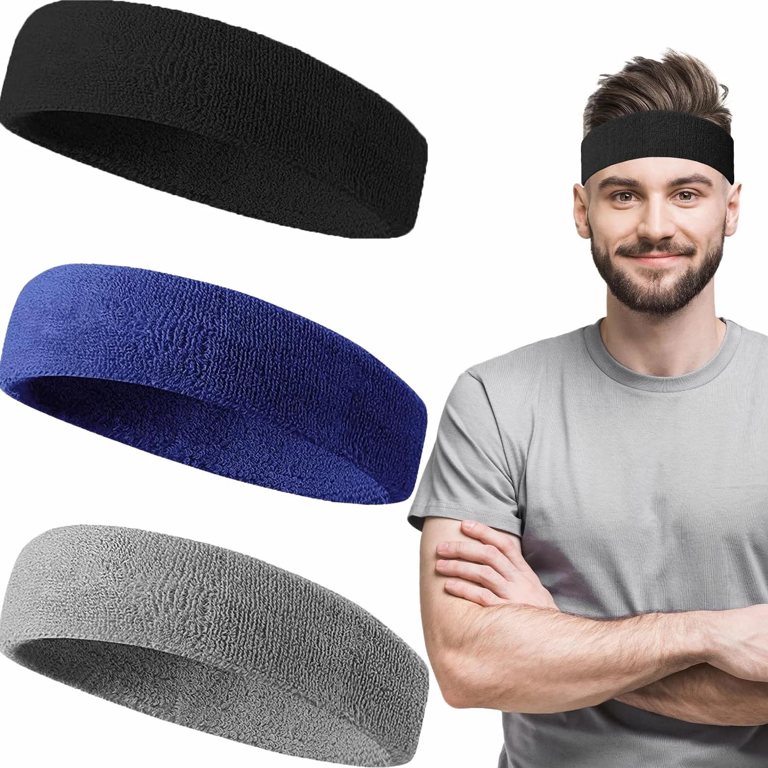 Fascia Tergisudore, 3 Pezzi Fascia Sportiva, Fascia Antisudore Fascia da Corsa, Fasce Antisudore per Uomo Donna, Elastica Fascia Sudore Testa, Fascia Testa Sportiva Cotone per Yoga Jogging Calcio