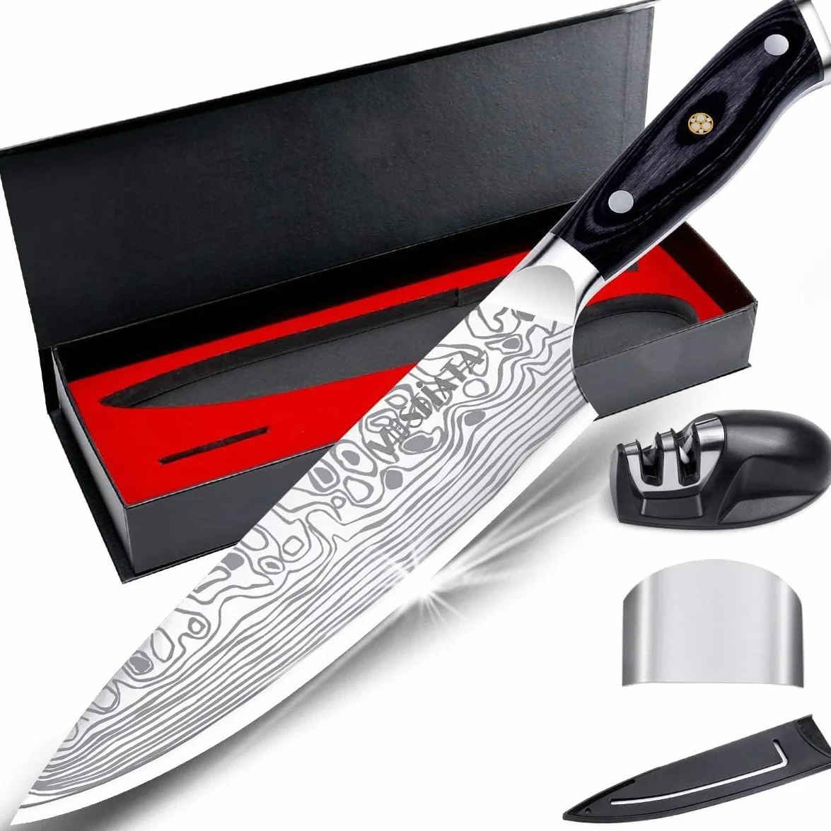 MOSFiATA Coltelli da Cucina Professionale Chef con Fodero, Protezione del Dito e Affilatore, in Acciaio Inossidabile con Manico Micarta - 20CM