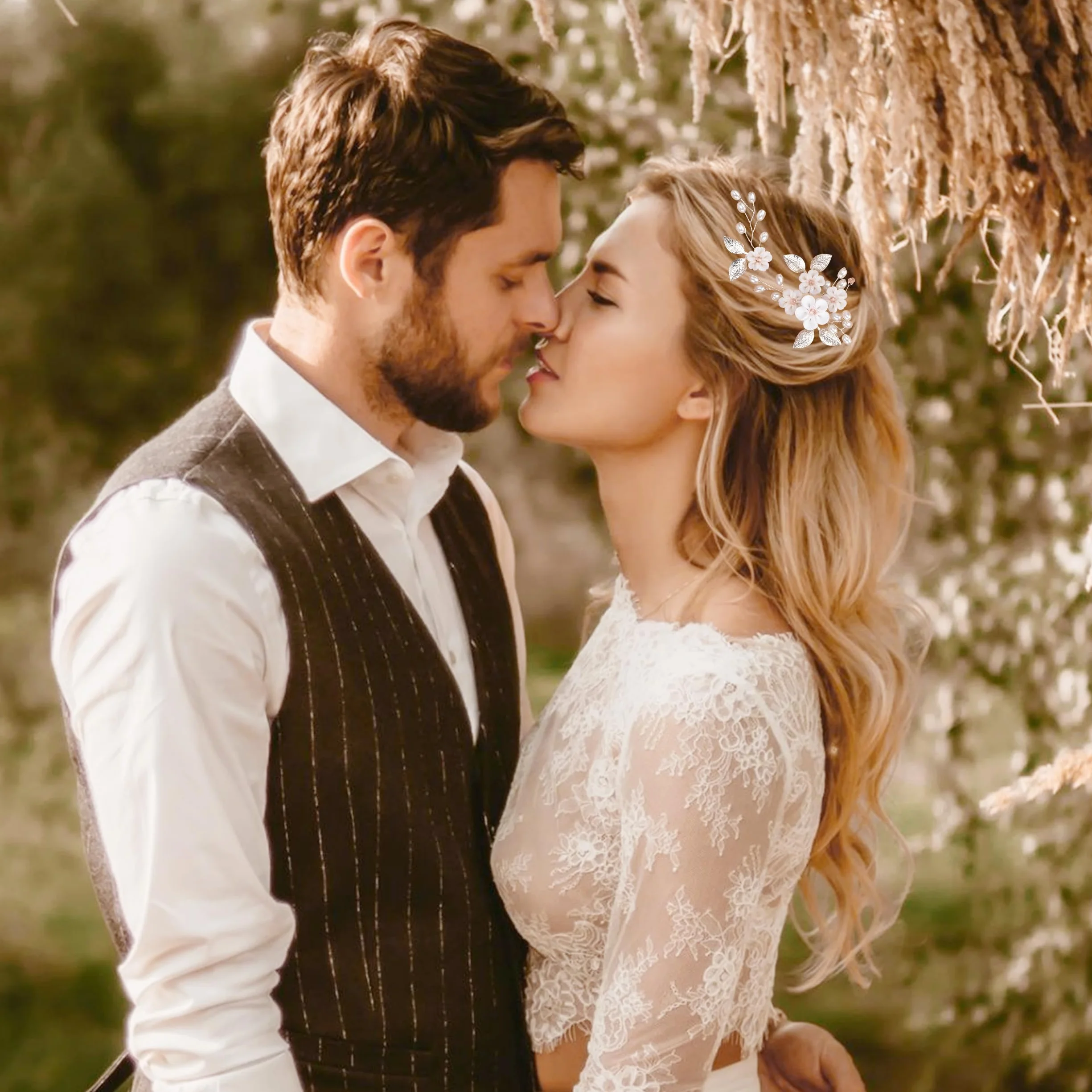 Fermagli per Capelli Fiori Perle Spille da Sposa Argento 5 Pezzi