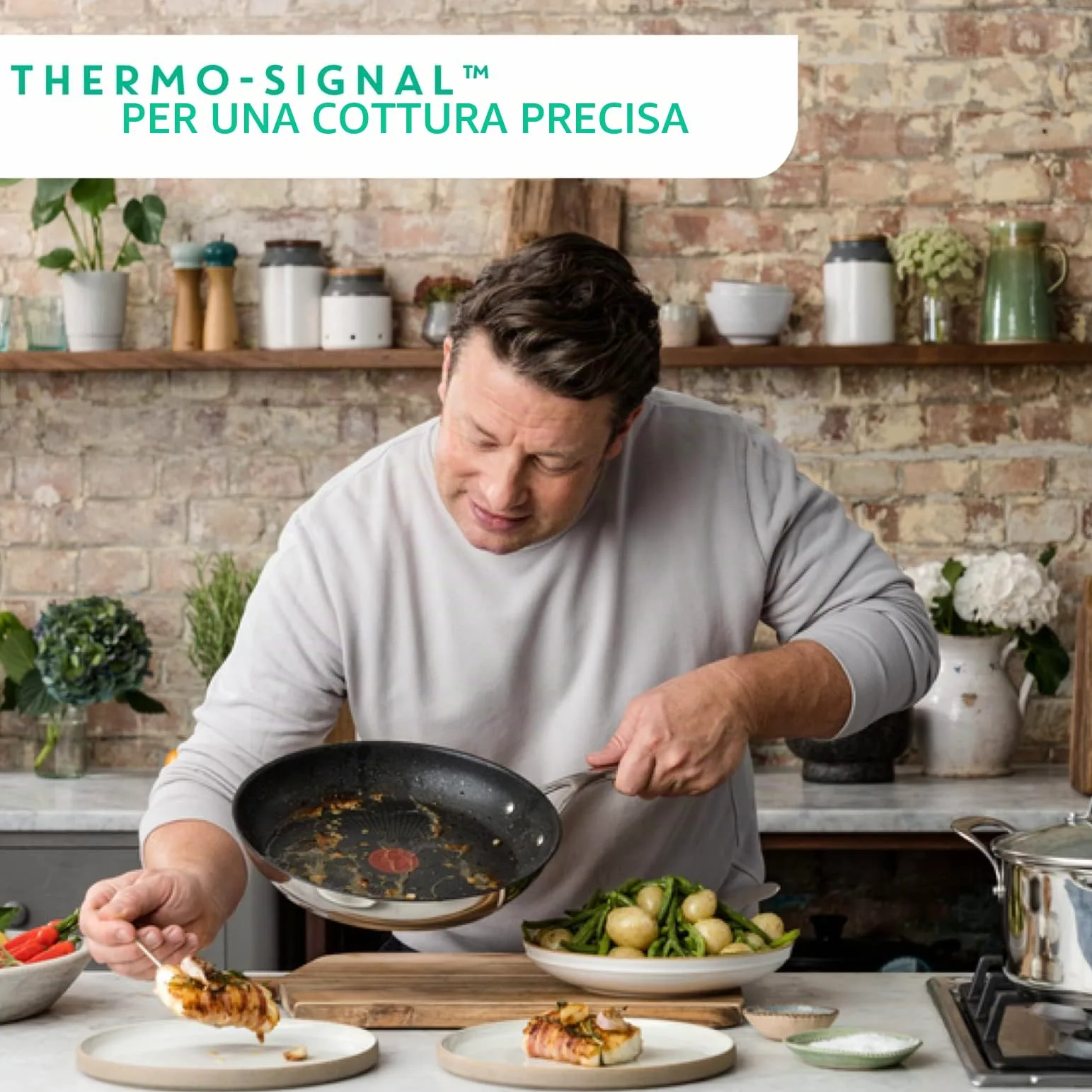 Tefal Jamie Oliver - Set di 3 padelle da 20/24/28 cm, antiaderenti, rivestimento in titanio, senza PFOA, lavabile in lavastoviglie e forno, in acciaio inox