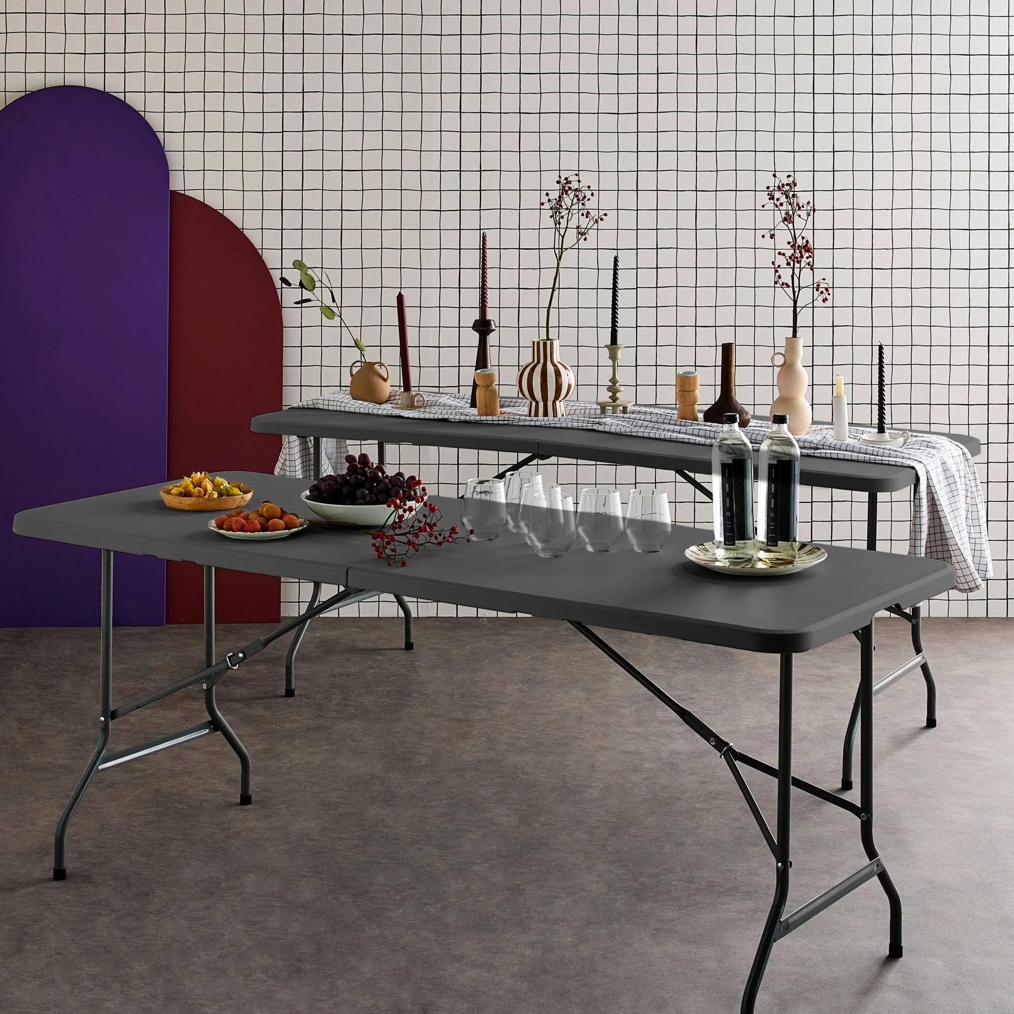 Set di 2 tavoli da ricevimento Pieghevoli in plastica, Fiesta x2, Grigio Scuro, 180x69.5x73.5 cm