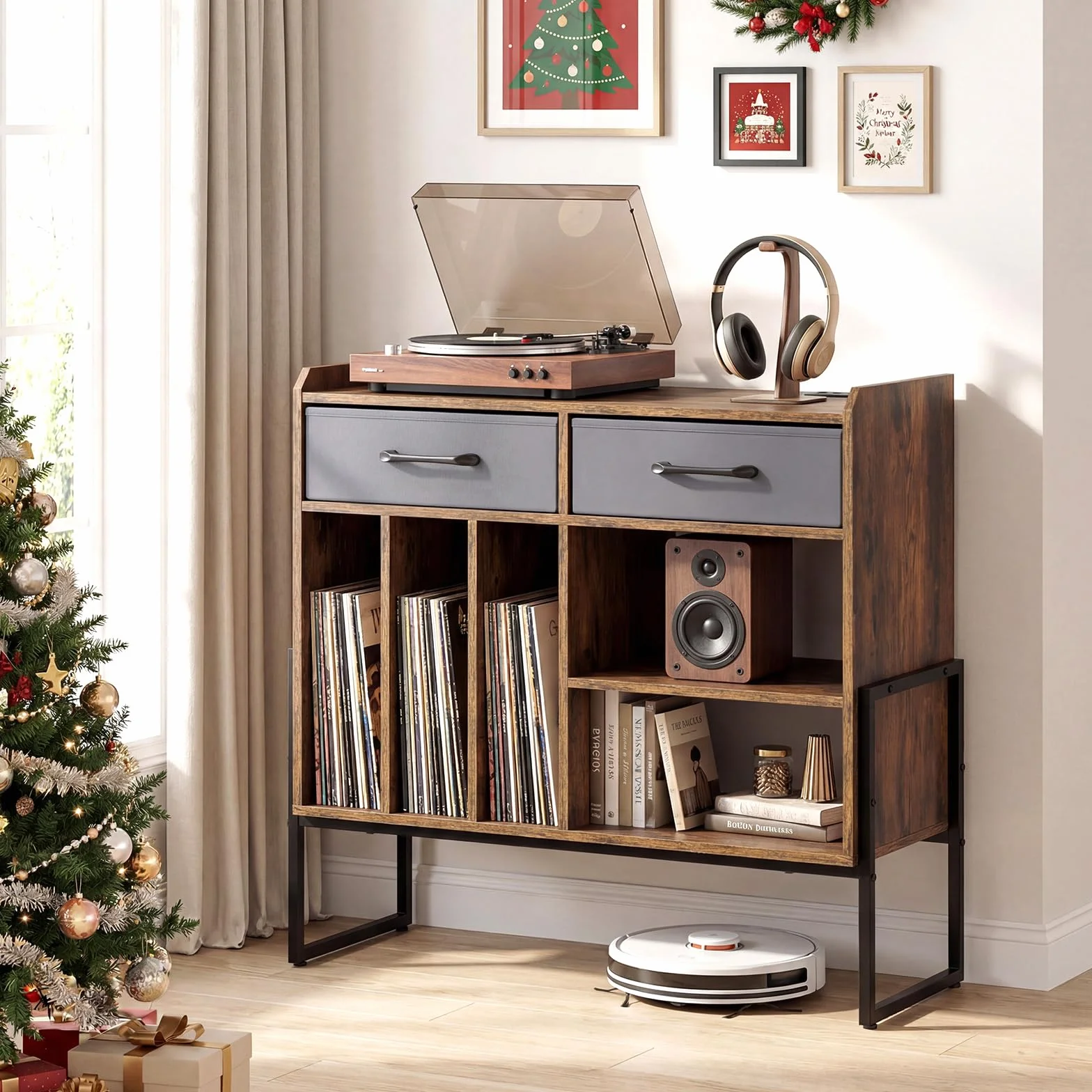 COSTWAY Supporto per Giradischi in Vinile, Mobile per Giradischi con Stazione di Ricarica, 2 Cassetti Rimovibili in Tessuto e Ripiano Regolabile, Supporto Porta Dischi Vinile per Soggiorno, Studio