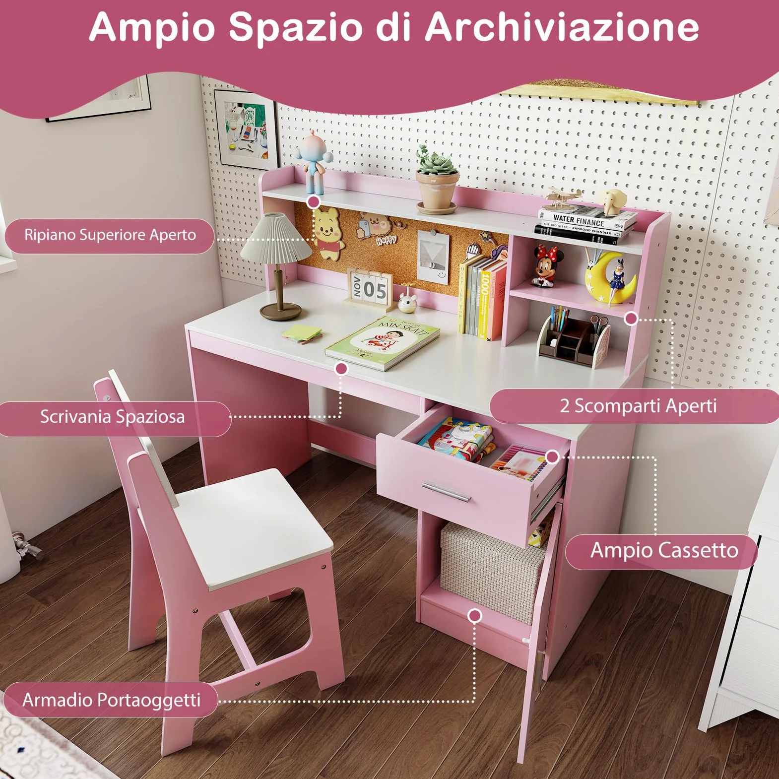 RELAX4LIFE Set Scrivania e Sedia per Bambini, Tavolo da Scrittura in Legno con Sedia, Ripiano, Bacheca, Cassetto, Armadio per Lettura, Disegno, Set di Tavoli da Studio per Bambini (Bianco+Rosa)