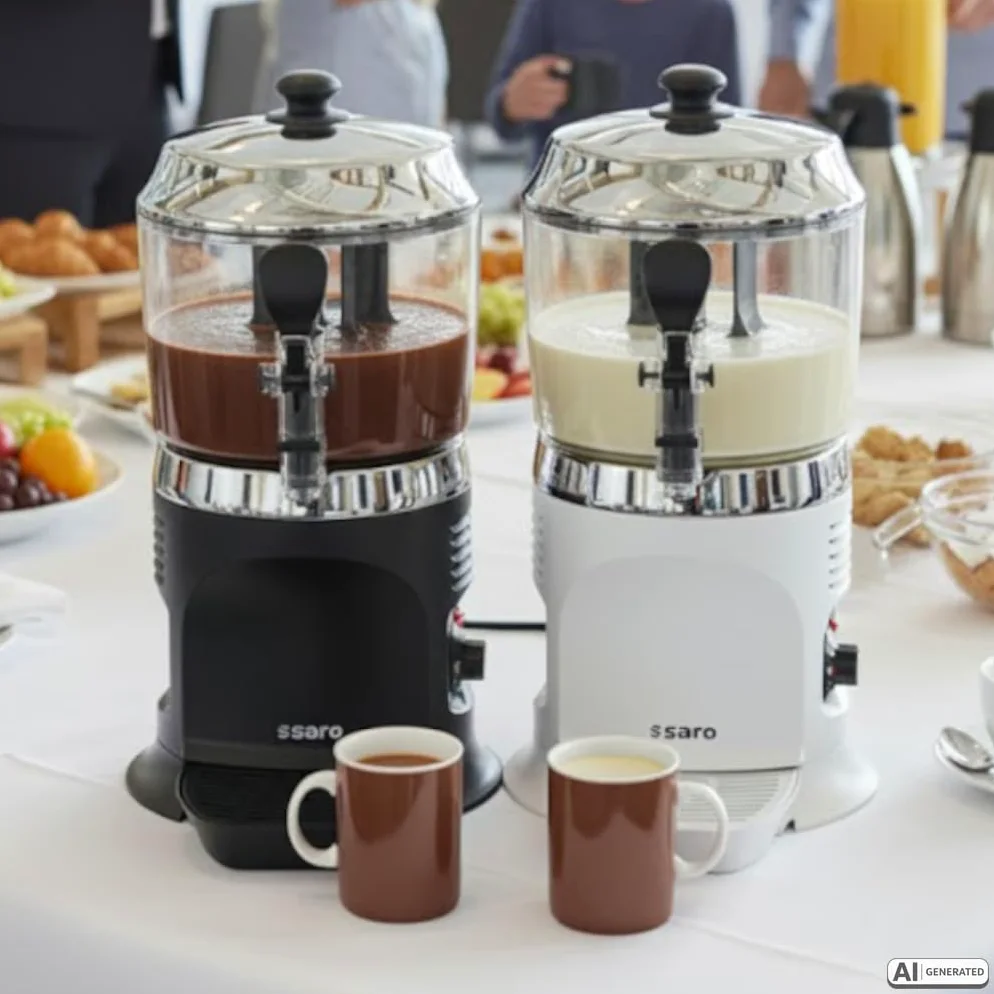 SARO NINA - Dispenser e agitatore di cacao, da 5 l, con temperatura regolabile in modo continuo da 30 a 90 °C, rubinetto, contenitore rimovibile, da 260 x 320 x 500 mm (l x P x H), 230 V, 1,1 kW