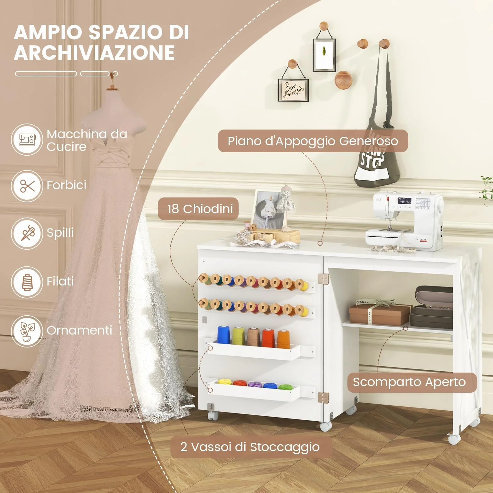 RELAX4LIFE Tavolo da Cucito Pieghevole, Armadietto per Cucito con 5 Ruote, Mensola, Ganci, Contenitori, Porta a Stalla, Mobiletto per Macchina da Cucire Salvaspazio per Soggiorno Casa (BIANCO)