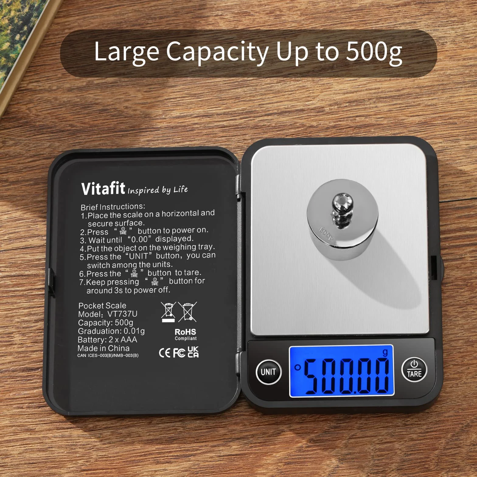 Vitafit Tascabile Digitale 500g/0,01g con Tara e Calibrazione Alimenti Pesa Bilance, Mini Bilancia di Precisione Digitale per Cucina Gioielli Oro Bilancia, 11x8.2cm, Nera