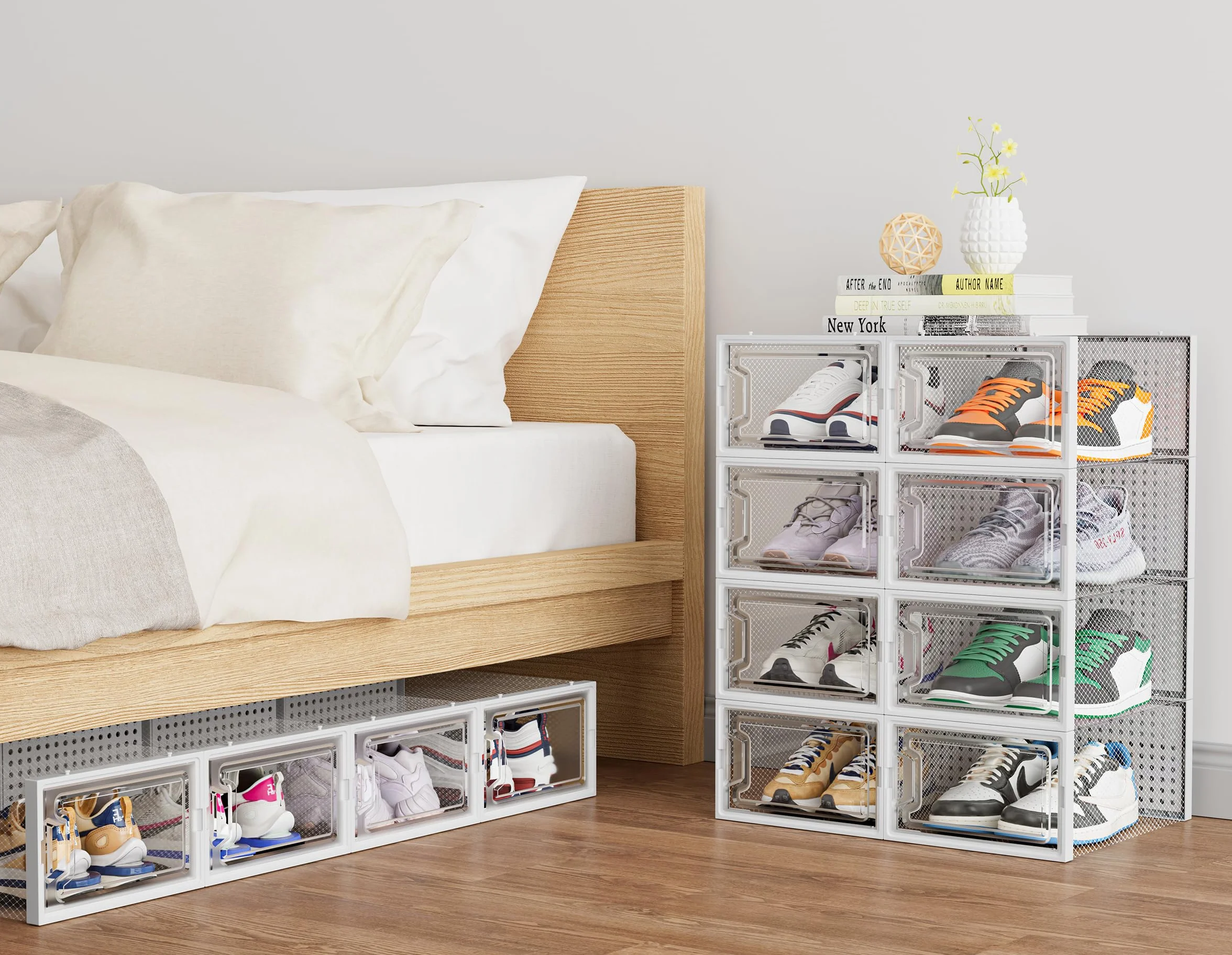 HOMIDEC Scatole per Scarpe 12 pcs Plastica Trasparenti Impilabili con Coperchi Bianco