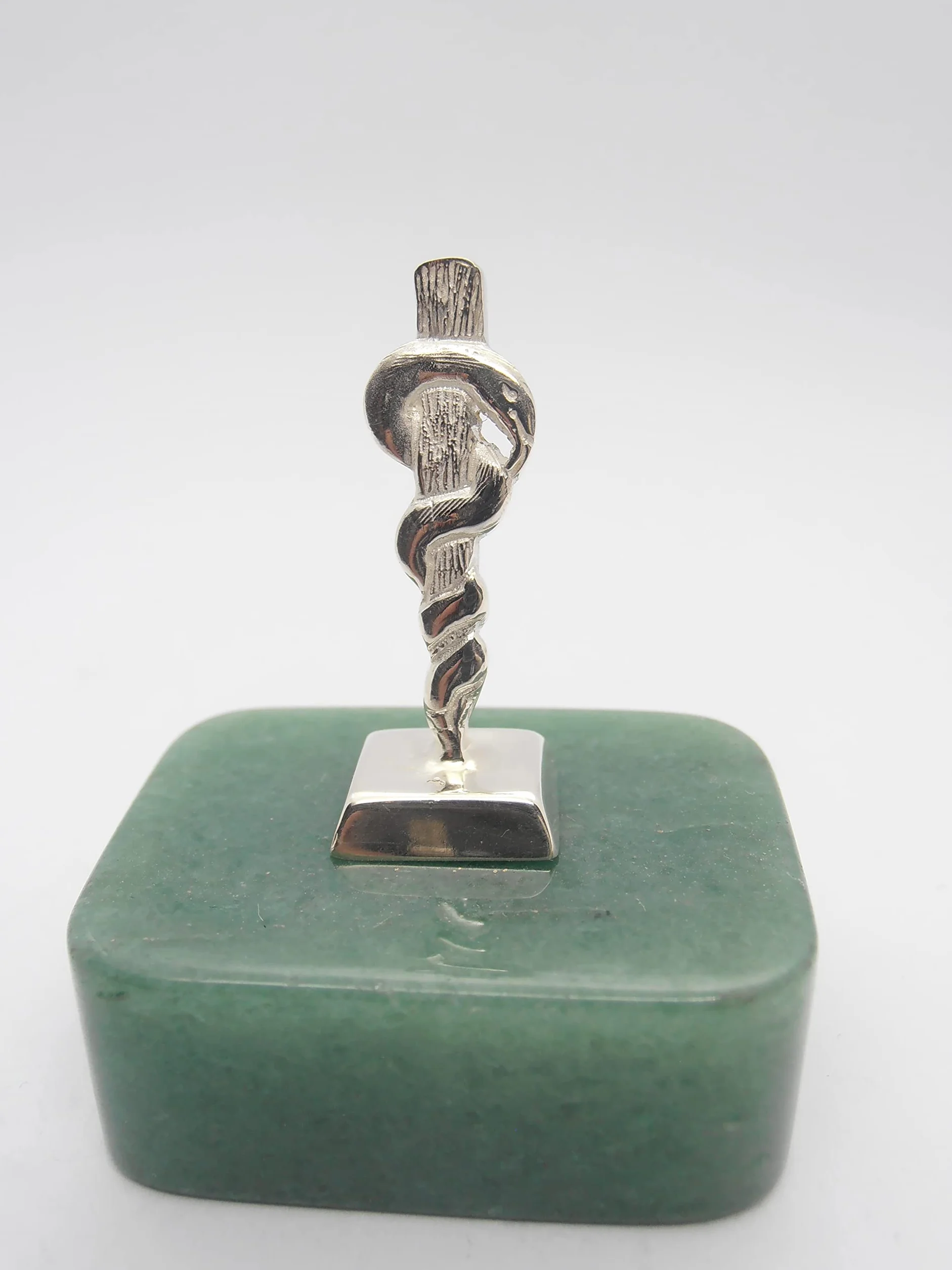 Bastone di Esculapio Simbolo di Asclepio Argento 925 Avventurina Naturale Verde Fermacarte Soprammobile