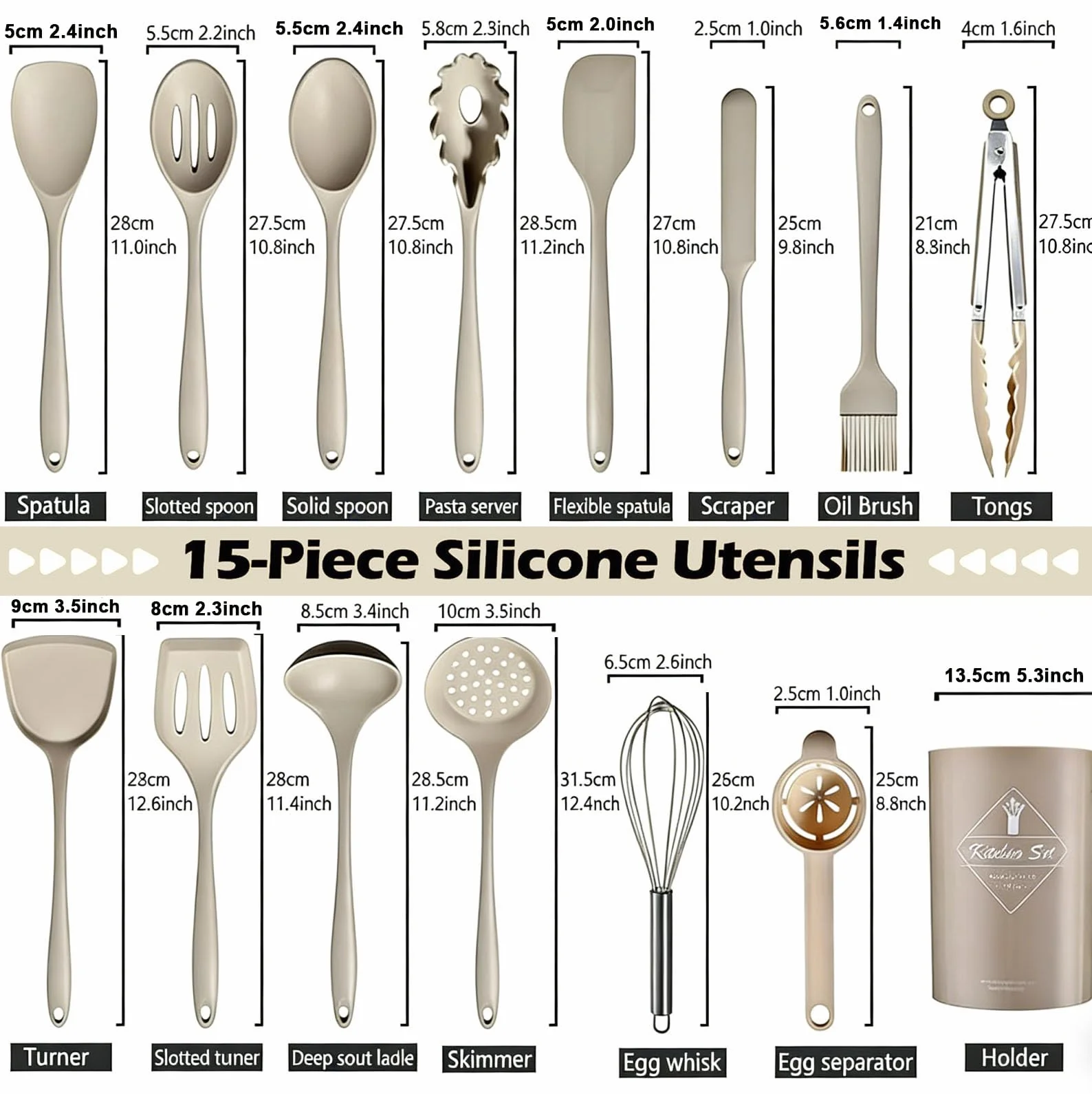 Set di 15 utensili da cucina in silicone con manici in acciaio inossidabile, resistenti al calore e antiaderenti, con portautensili, lavabili in lavastoviglie, Cachi(senza BPA)