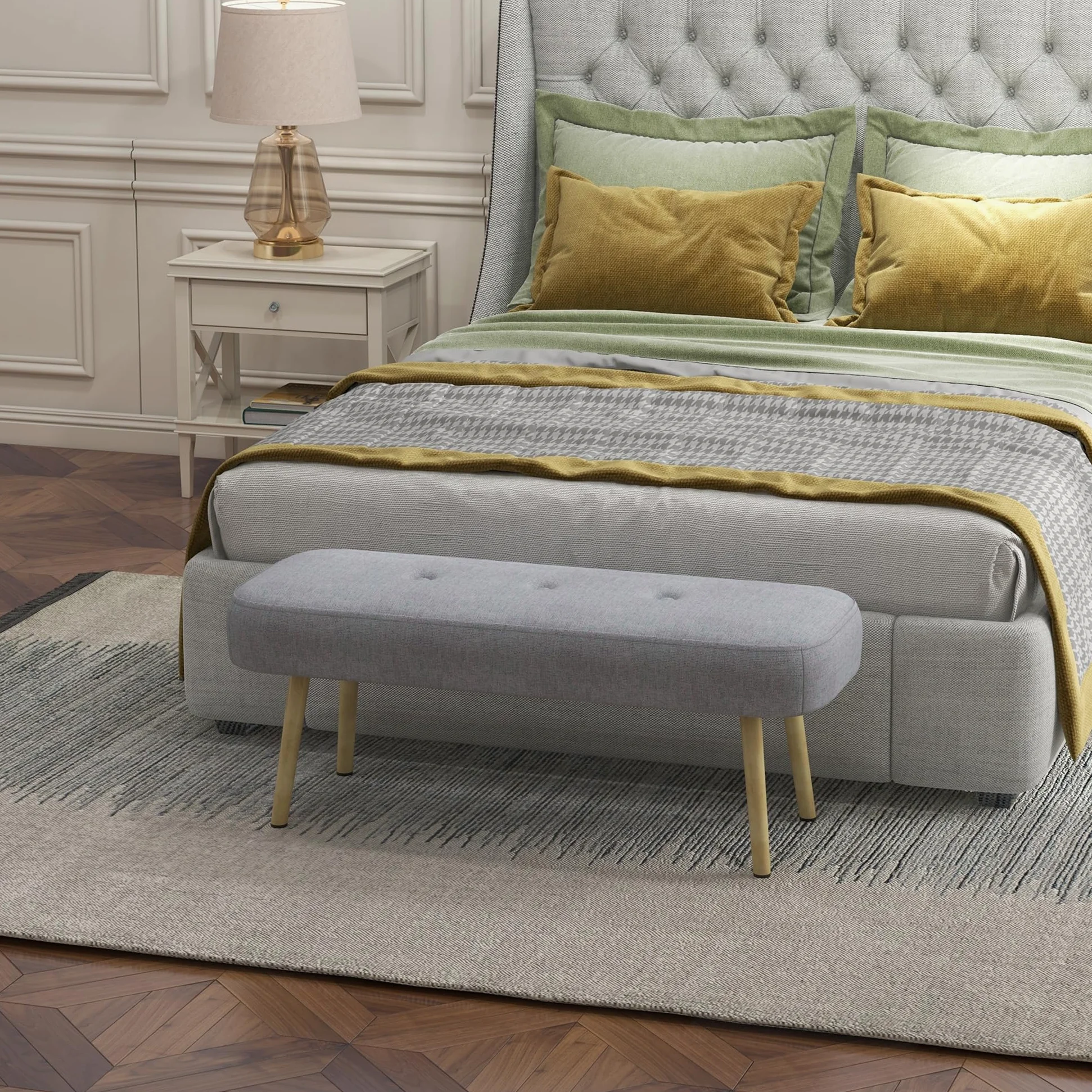 HOMCOM Panca Imbottita Fondo Letto in Tessuto con Gambe in Acciaio Effetto Legno, Panca per Ingresso, Salotto e Camera, 114x38x45cm, Grigio