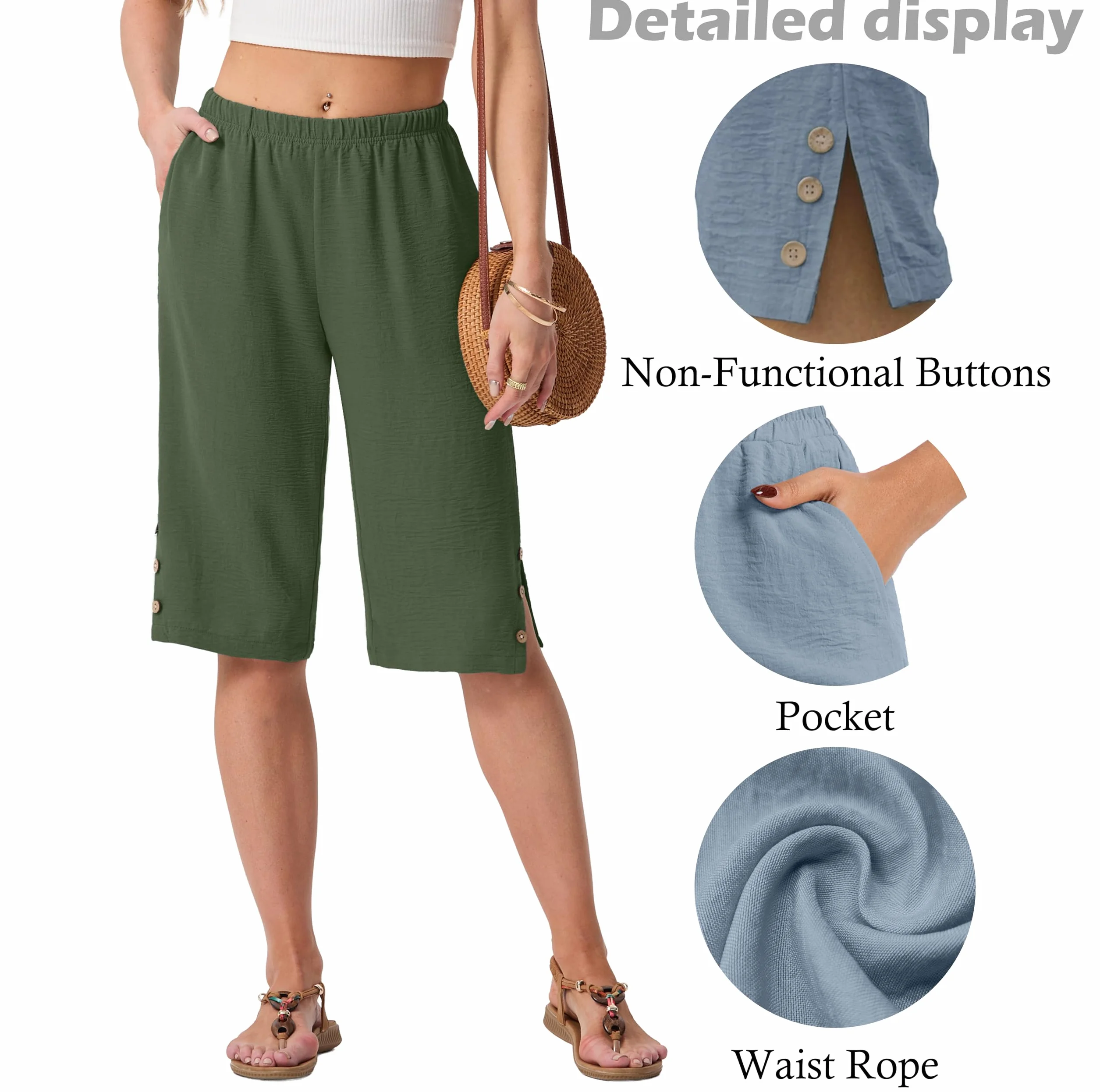 IWOLLENCE Pantaloni corti estivi da donna, lunghezza al ginocchio, con spacco laterale, bottoni decorativi in legno, leggeri e traspiranti, elastico in vita