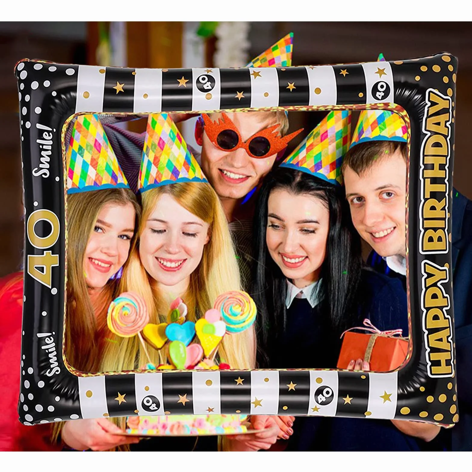 Andiker Cornice gonfiabile oro nero Happy Birthday Photo Booth accessori scena compleanno decorazione 40°