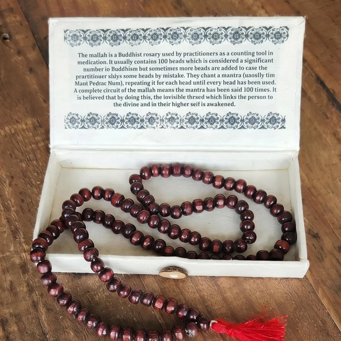 Siesta Collana Mallah Mala 108 perline legno Uttis rosario buddista nappa rossa scatola regalo Lokta
