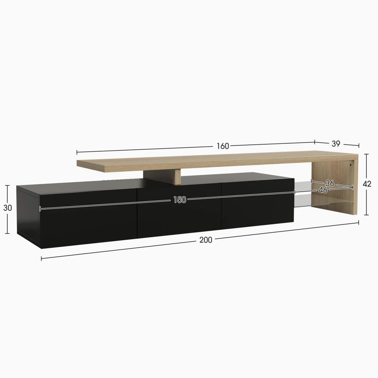 Mobiletto TV LED 200 cm, Mobili TV con Ripiano in Vetro, Mobile TV da Soggiorno, Panca TV Moderna in Legno con 3 Armadietti, Armadio Basso Soggiorno per Interni, Nero