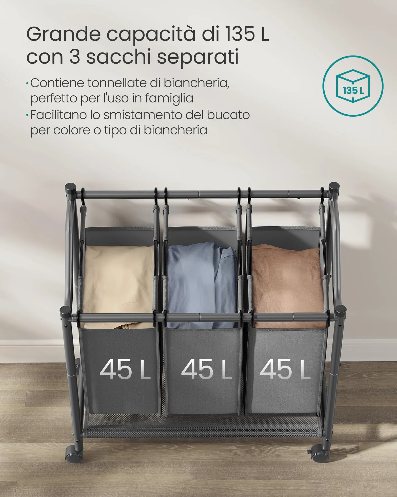 SONGMICS Carrello Portabiancheria, Cesto Porta Biancheria con 3 Sacchi Rimovibili, Carrello per Lavanderia, Camera da Letto, Bagno, 3 x 45 L, Grigio Ardesia RLS102G01