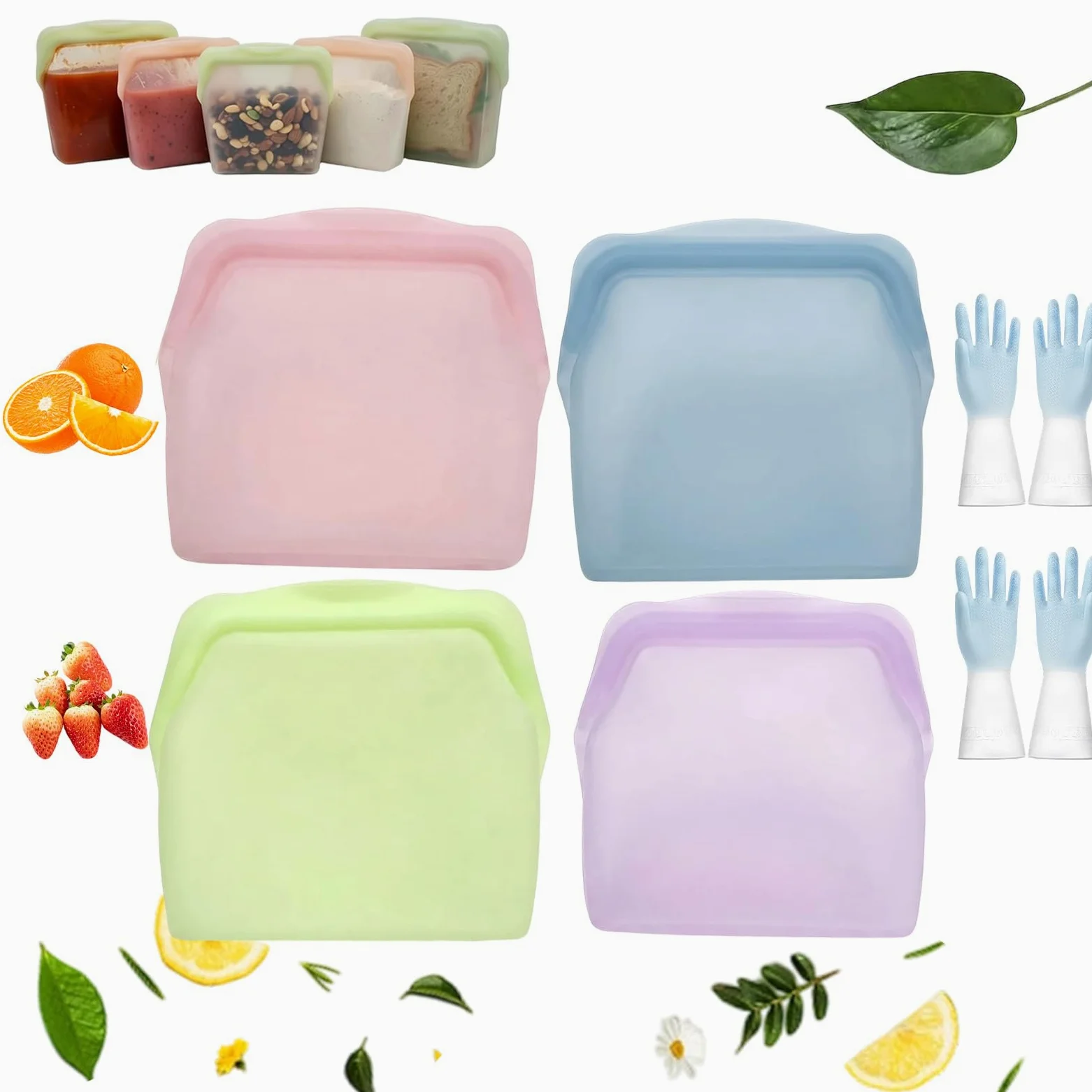 Sacchetto alimentare riutilizzabile in silicone, contenitore autoportante anti-perditaare riutilizzabile in silicone, contenitore autoportante anti-perdita per freezer, microonde (ABCD)