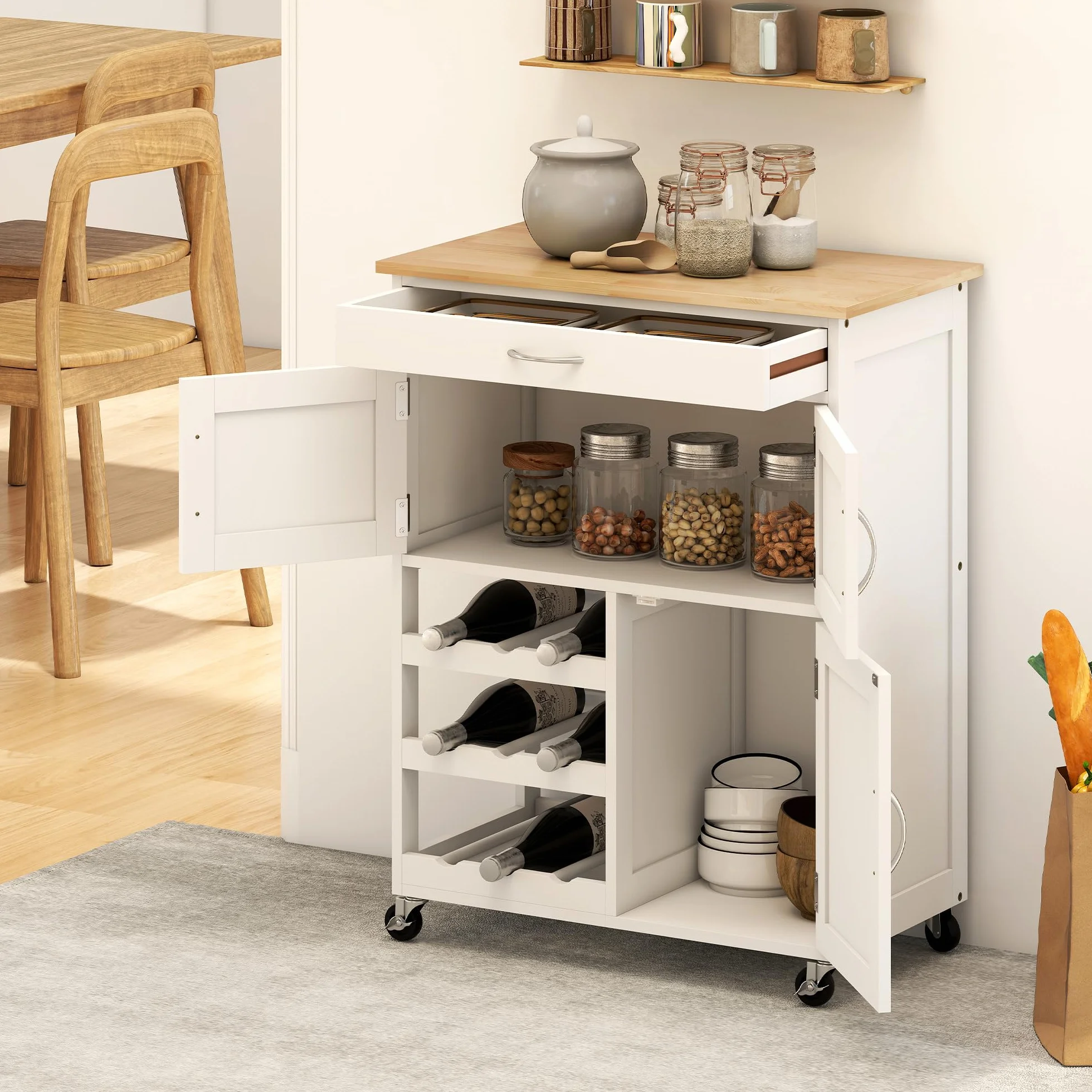 HOMCOM Carrello da Cucina con 9 Portabottiglie, 3 Ante, 4 Ruote e Cassetto, Mobiletto Cucina Salvaspazio con Piano in Legno di Gomma, per Soggiorno, 67x37x87 cm, Bianco e Rovere
