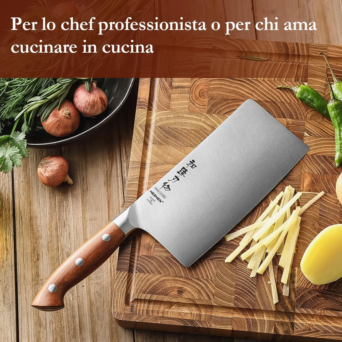 HEZHEN 18cm Mannaia per Carne, Coltello da Chef Cinese, Coltello da Cucina Multifunzionale, Manico in Redwood