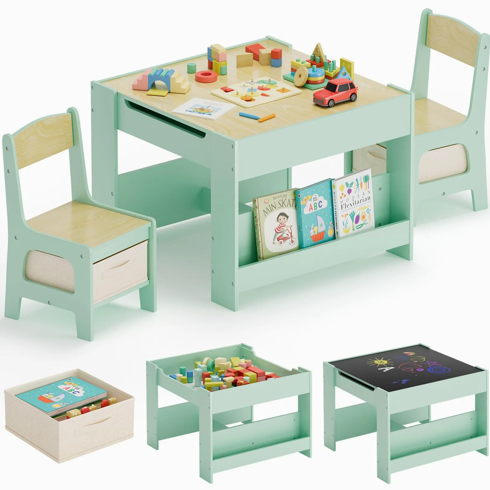 MAMIZO Tavolo per bambinicon 2 sedie, 3 in 1 Set tavolo e sedie, Mobili in legno per bambini con contenitori e librerie, Tavolo da gioco e attività, Tavolo da disegno, 3-7 ann (Verde)