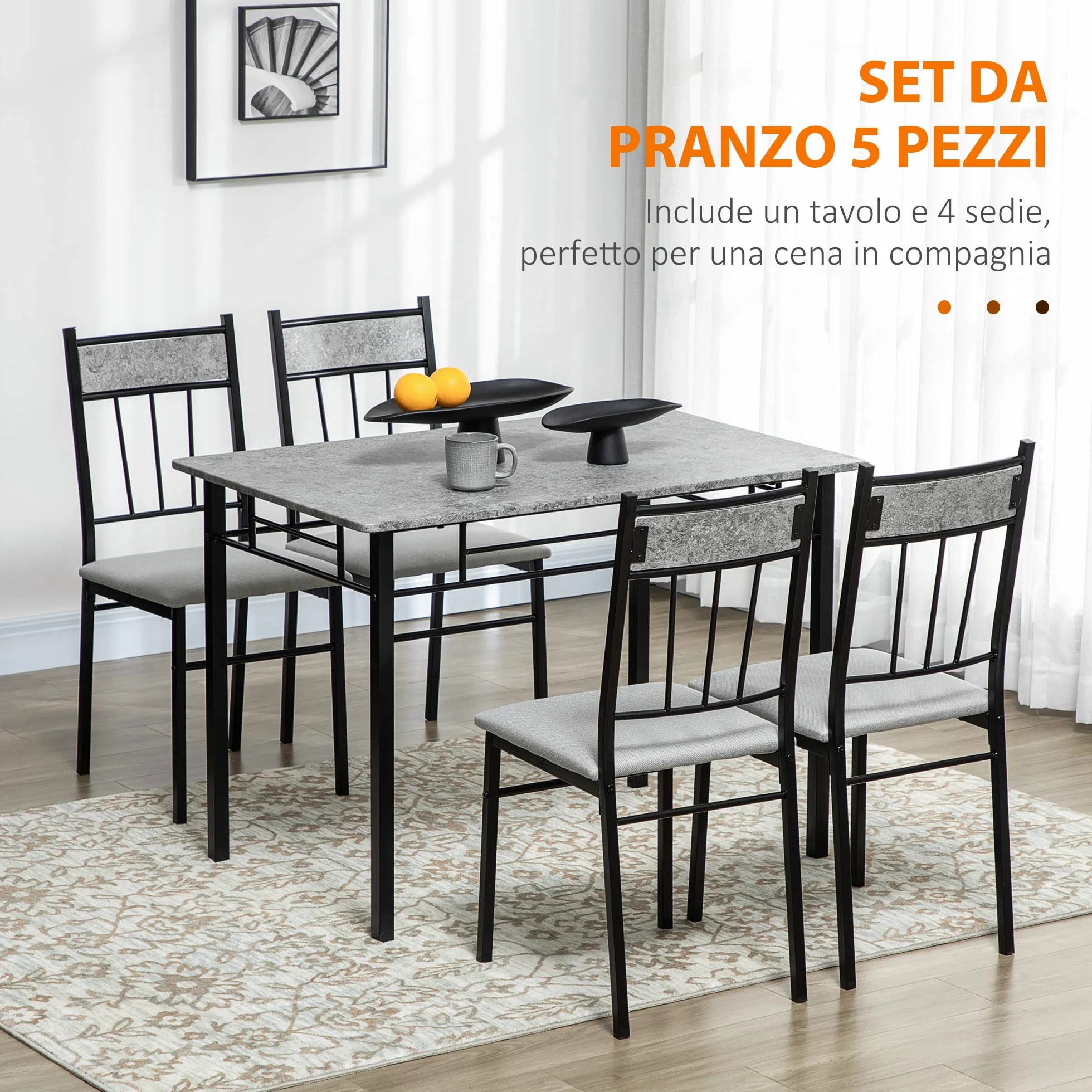 HOMCOM Set Tavolo e Sedie 5pz, Tavolo da Pranzo Rettangolare in Metallo e MDF e 4 Sedie da Pranzo con Seduta Imbottita in Gommapiuma e Poliestere