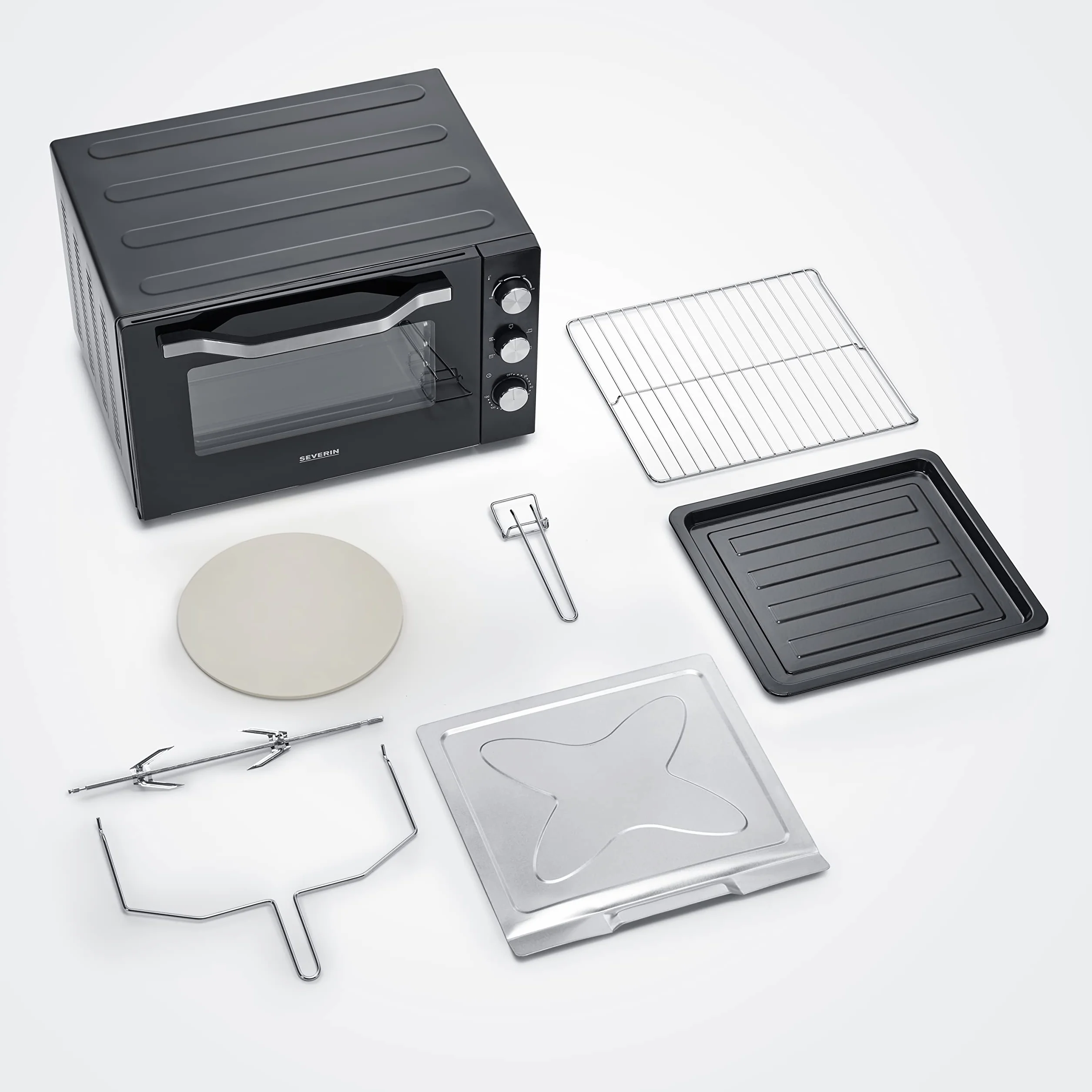 SEVERIN Forno Elettrico Ventilato XXL 60 Litri 2200W 100-230°C Timer 120 min Pietra Refrattaria Girarrosto Luce Interna 6 Modalità Nero TO 2073