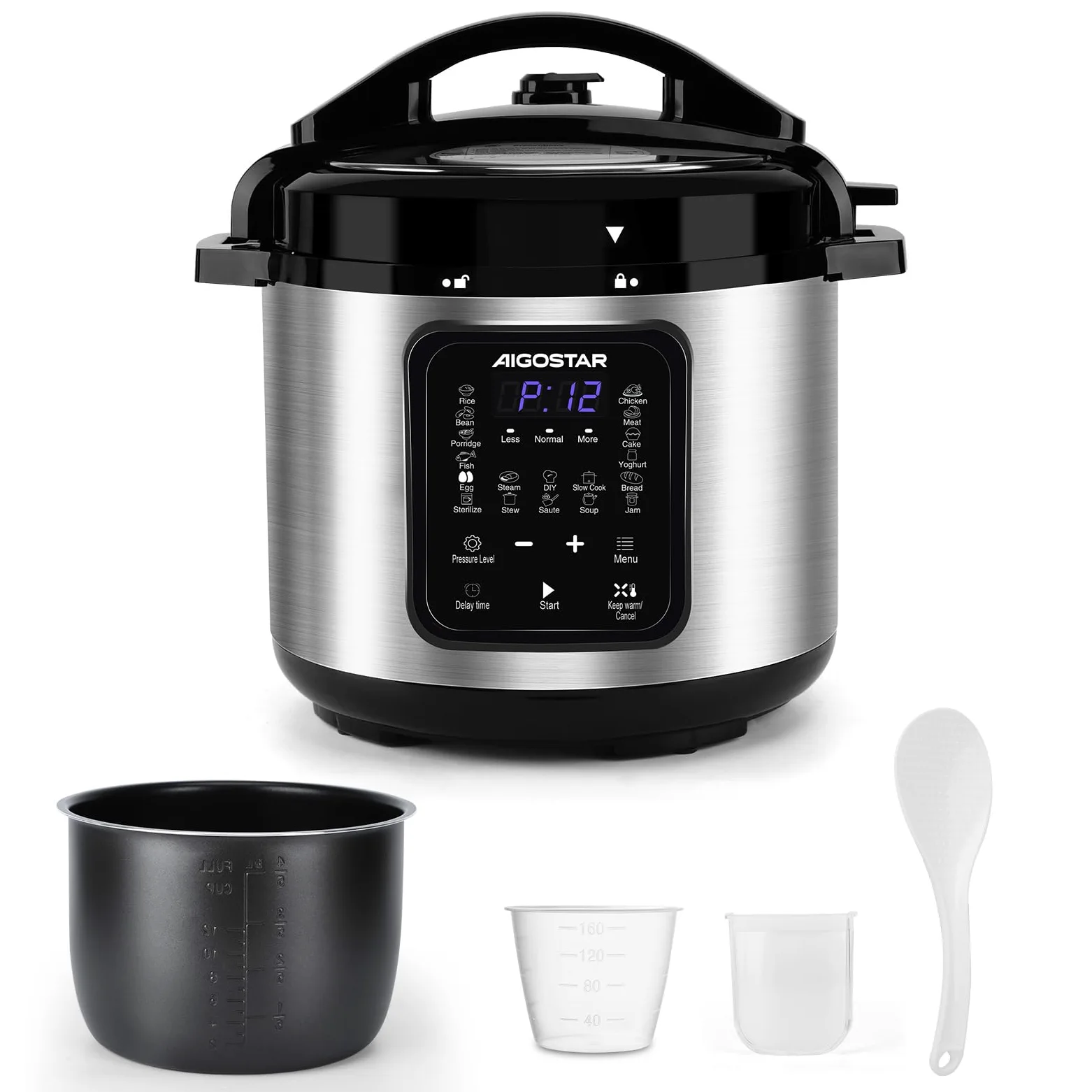Aigostar Pentola a pressione elettrica 18-in-1 Pressure Cooker, 6 Litri Pentola Programmabile 24 ore, 3 pressioni, 1000W Pannello LED Multicooker per Yogurt, Cuoci, Riso, Slow Cooker, Sauté, 1000W