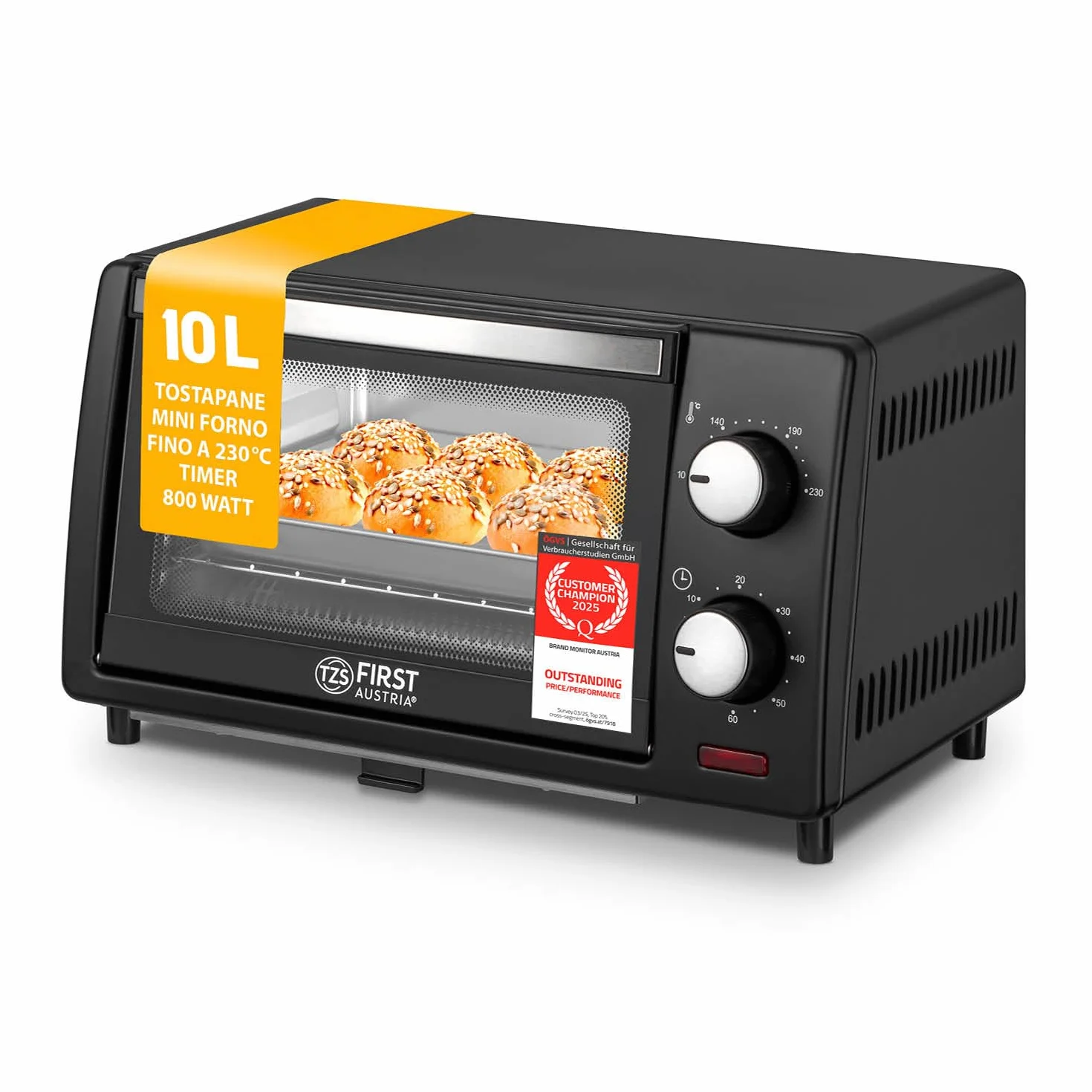 Forno Mini 10L 800W First Austria Fornetto con regolazione temperatura 230°C timer 60 min 2 altezze teglia griglia