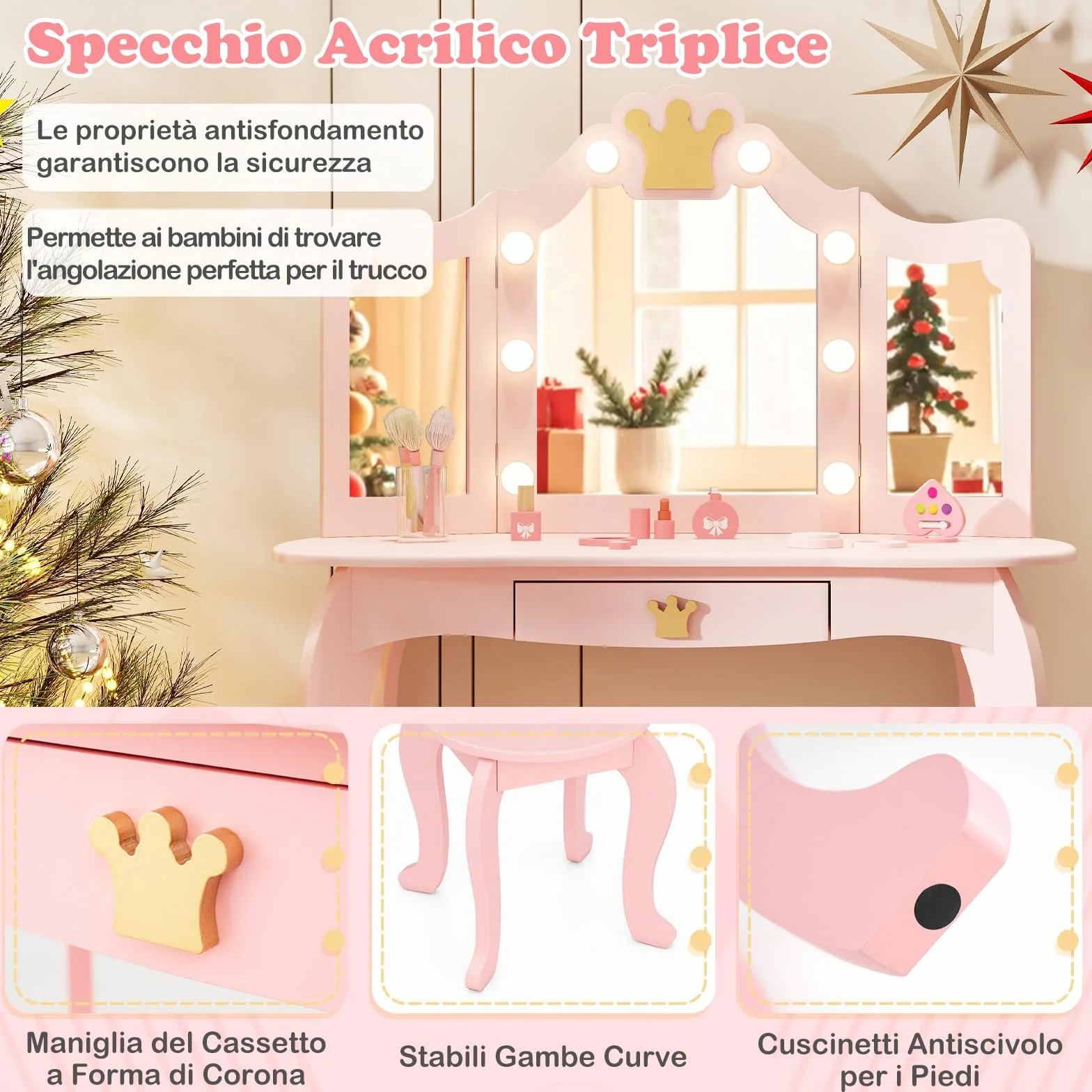 RELAX4LIFE Toeletta Trucco per Bambina con 8 Lampadine LED, 3 Colori di Luci, Specchiera Trucco con Sgabello, Toeletta in Legno, Specchio Rimovibile, per Bambini 3-7 Anni (Rosa)