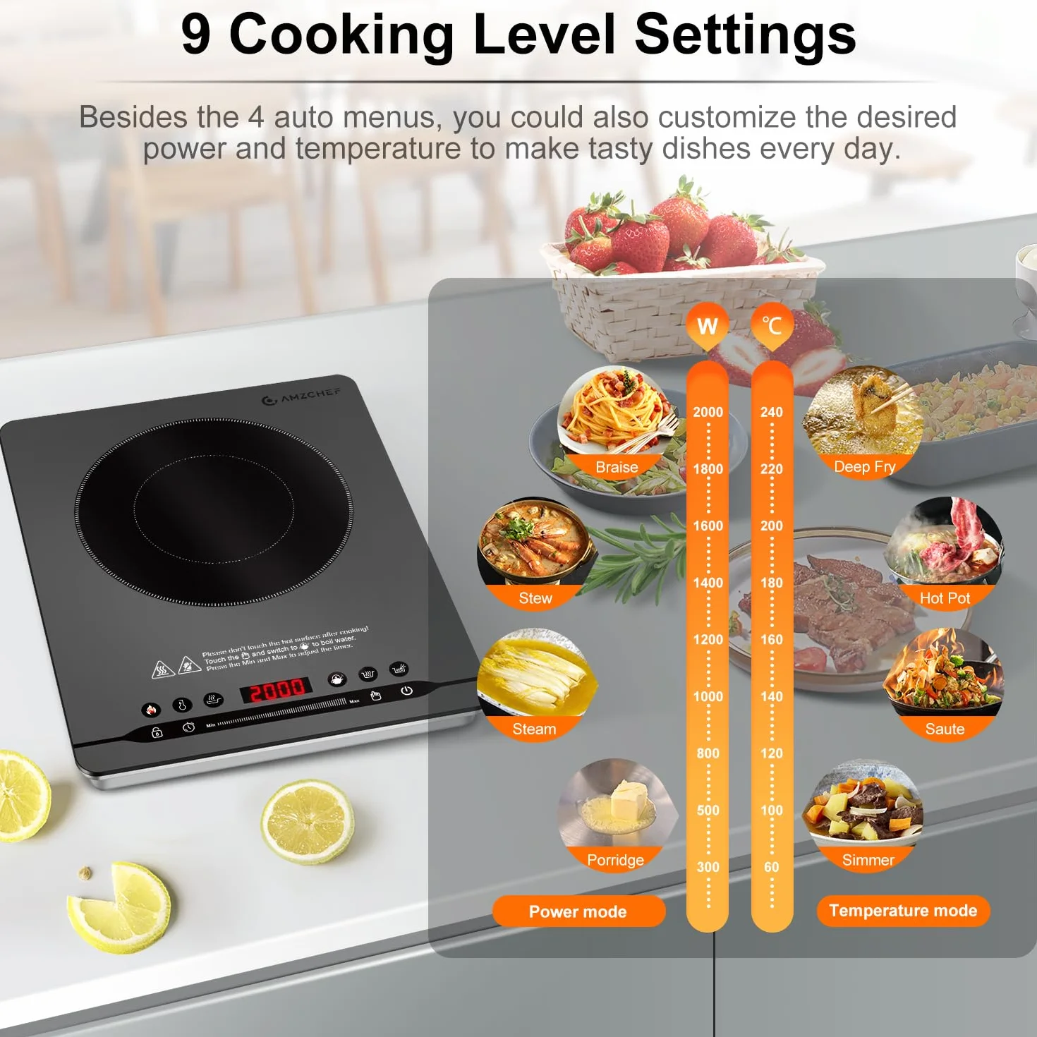 AMZCHEF 2000W Piastra Induzione 1 Fuoco, Piano Cottura Induzione Portatile, 4cm Design Sottile, Funzionamento Silenzioso (≤42dB), 9 Livelli di Potenza e Temperatura, 4 Programmi Automatici, Grigio