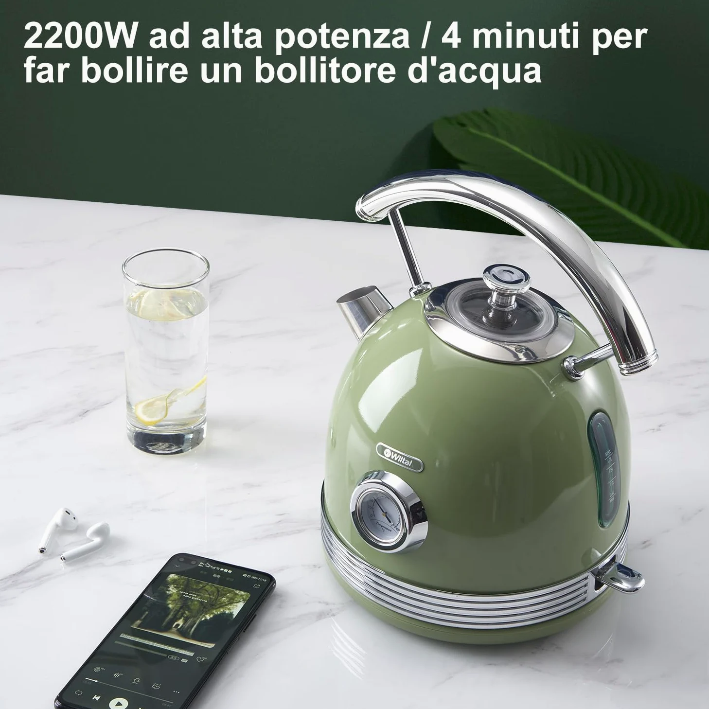 Wiltal Set di bollitore per tostapane per la colazione, bollitore in acciaio inox, 2200 W, riscaldamento rapido, tostapane con inserto per panini per riscaldare tutti i tipi di pane, verde retrò…