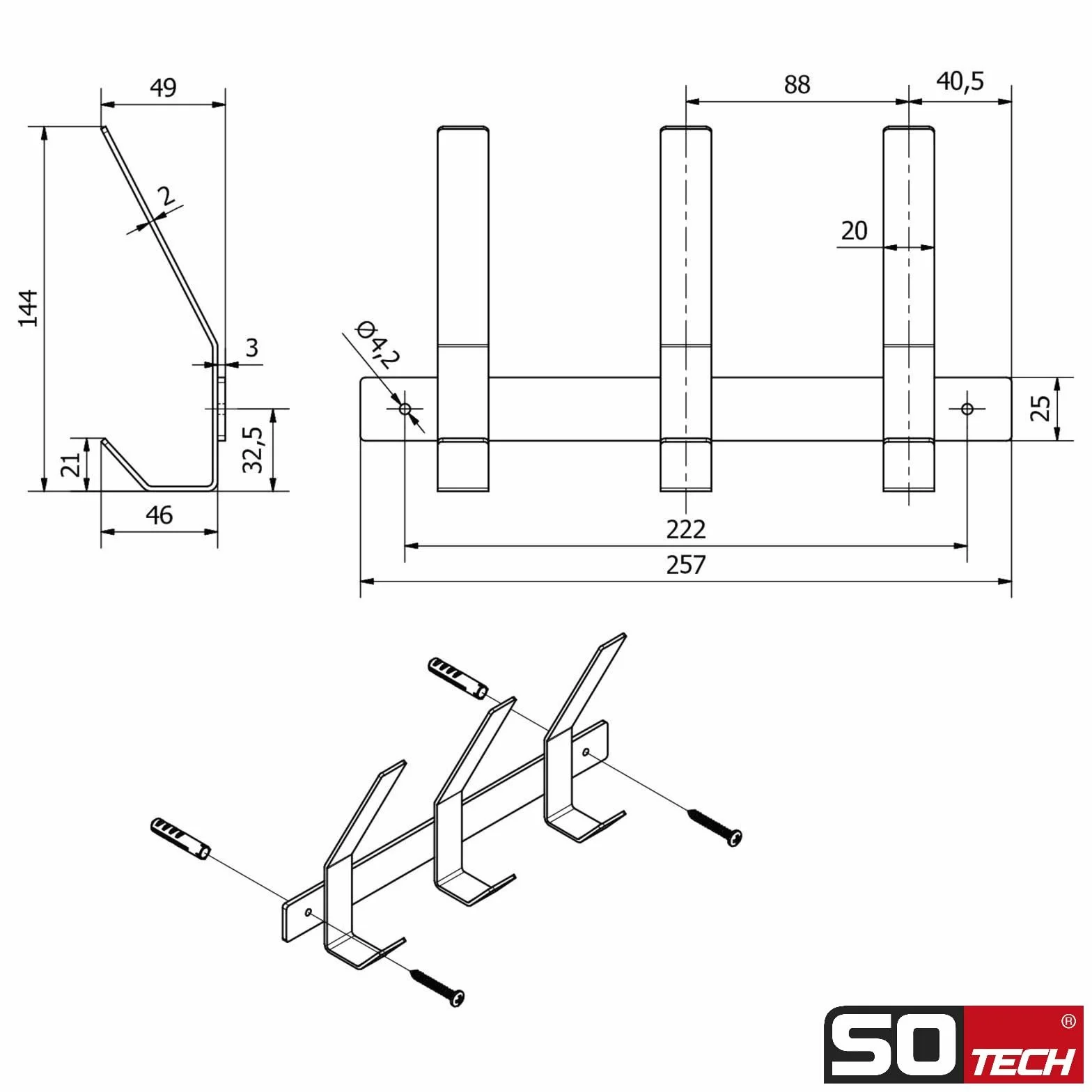 SOTECH Blackline ALBA Binario di aggancio 257 mm 3 ganci nero verniciato a polvere Appendiabiti da parete