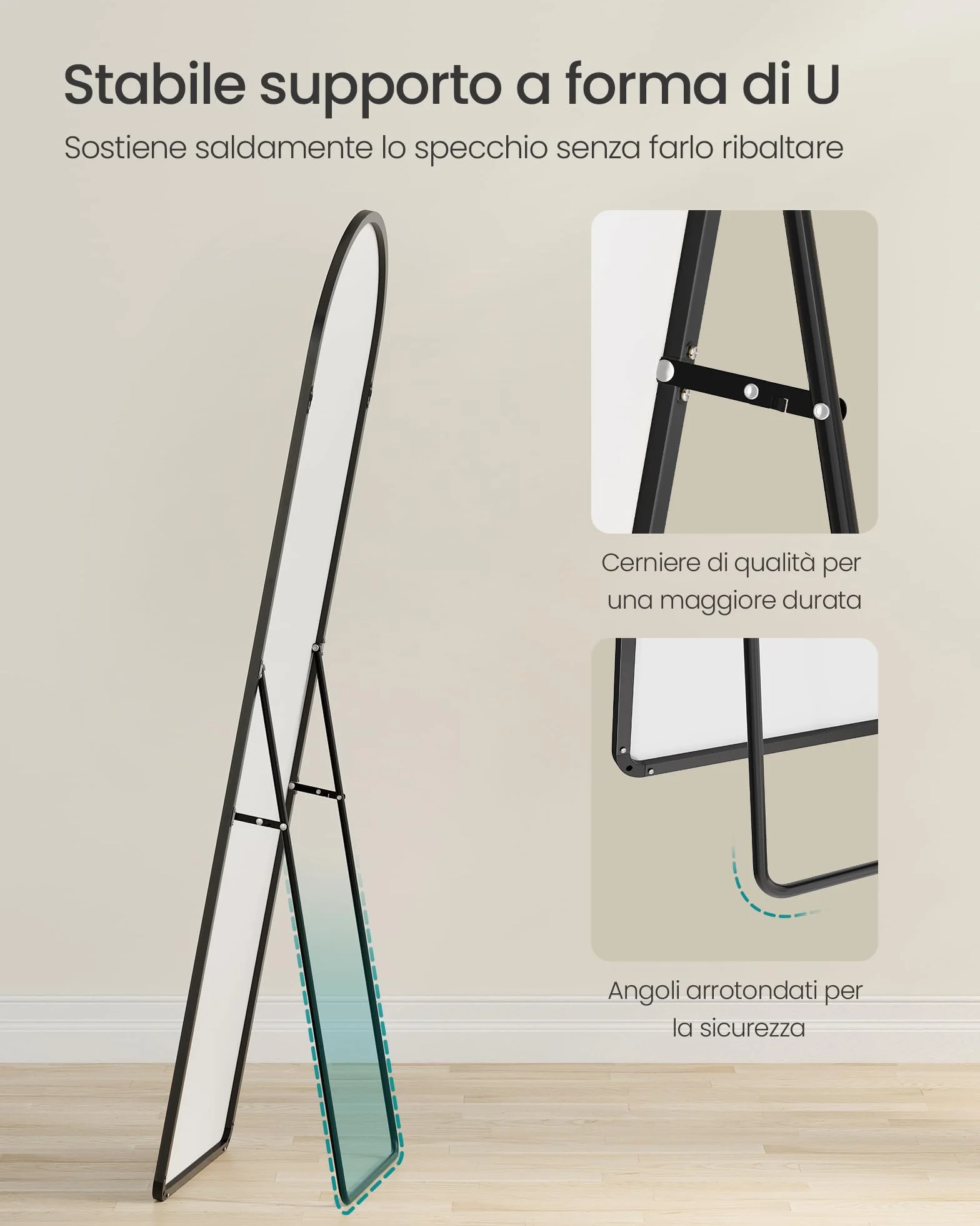 SONGMICS Specchio a Figura Intera, 150 x 40 cm, Specchio da Terra ad Arco con Supporto, Cornice in Lega di Alluminio, Vetro Temperato, Camera da Letto Soggiorno, Nero Inchiostro LFM055BD01