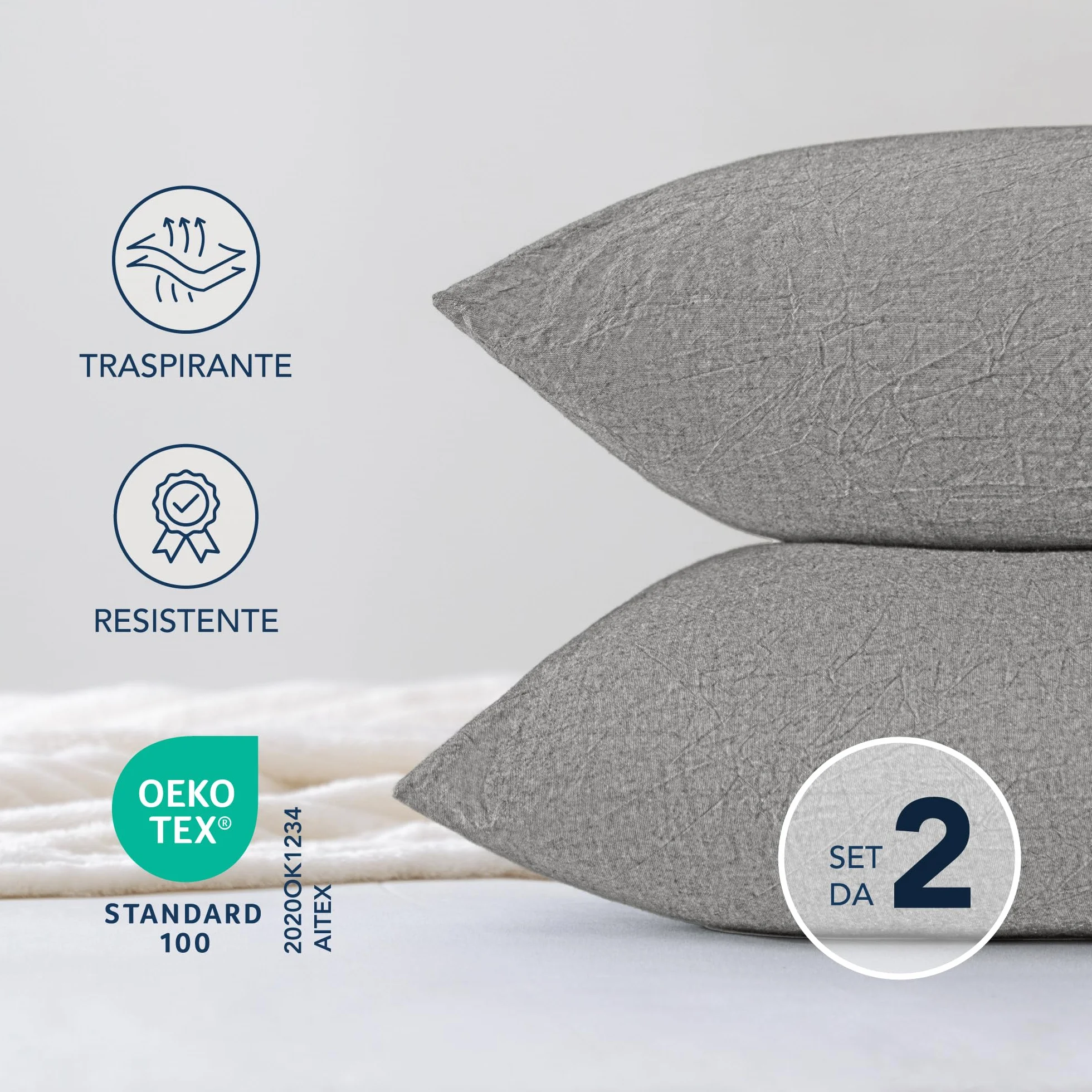 Dreamzie Federe Cuscino 40x40 cm Set di 2 Cotone Lavato Grigio Chiaro Cerniera OEKO-TEX