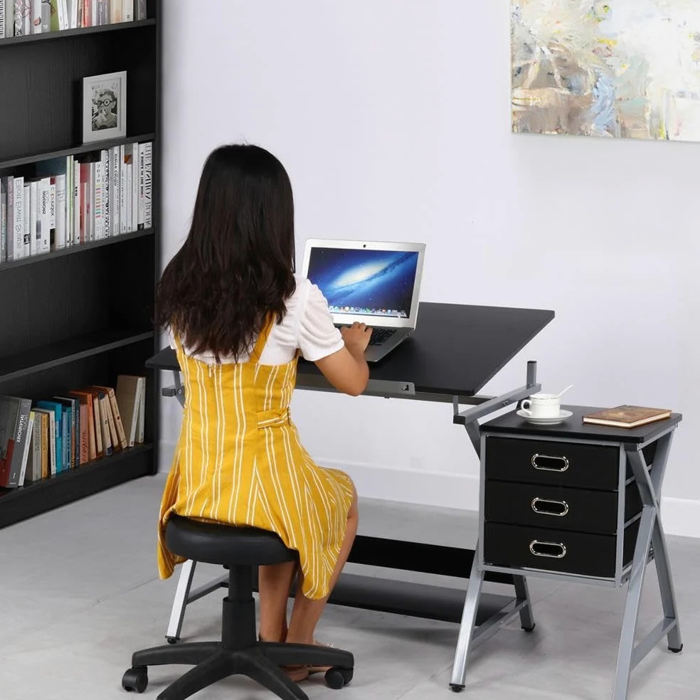 Yaheetech Tavolo da Disegno in Acciaio Inclinabile con 3 cassetti Tavolo da Pittura da Studio Regolabile in Altezza con Sedia Scrivania per Scrivere Leggere Studiare per Artistici Architetti Nero
